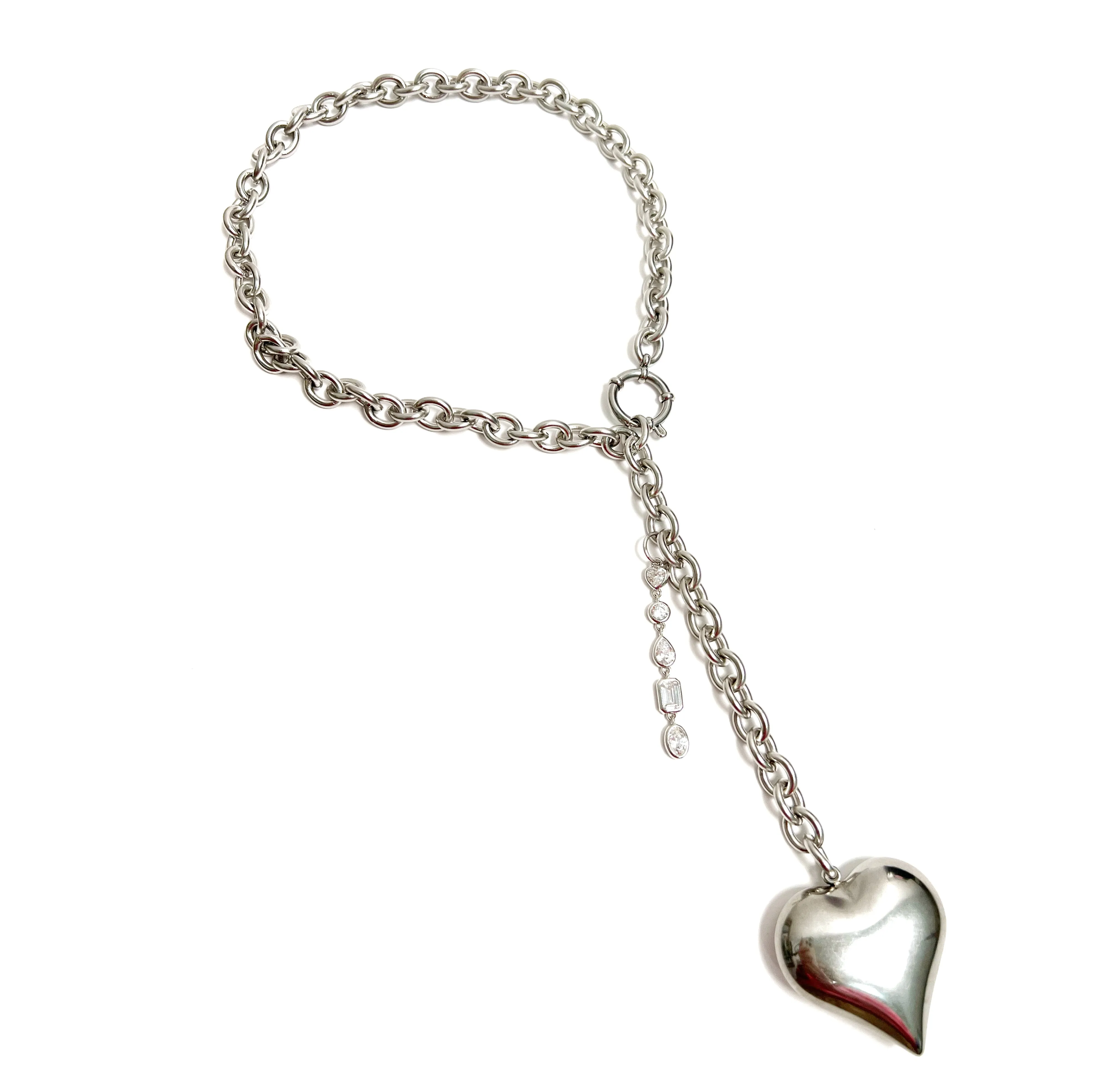 Silver Chain Lariat with Puffy Heart