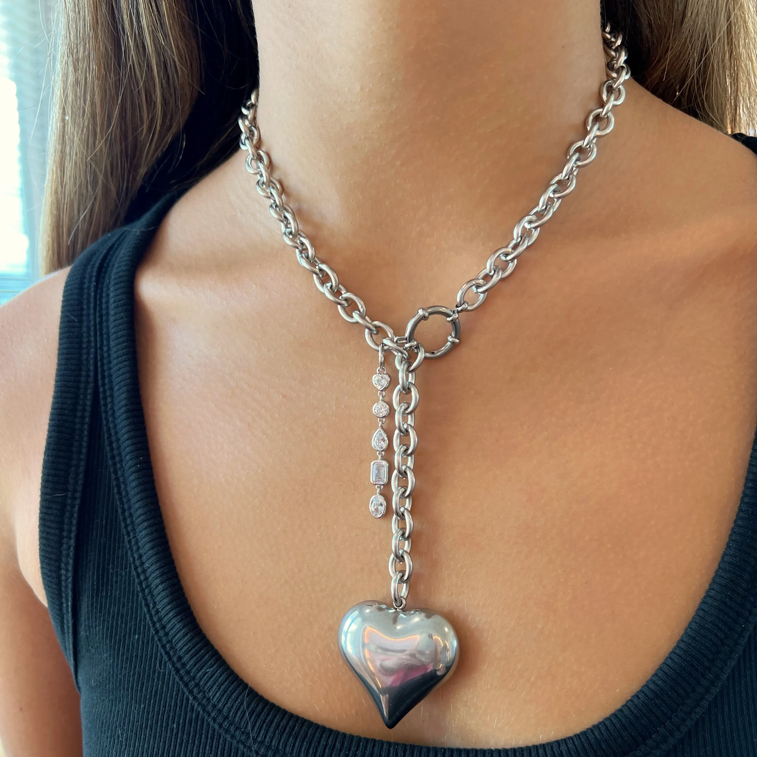 Silver Chain Lariat with Puffy Heart