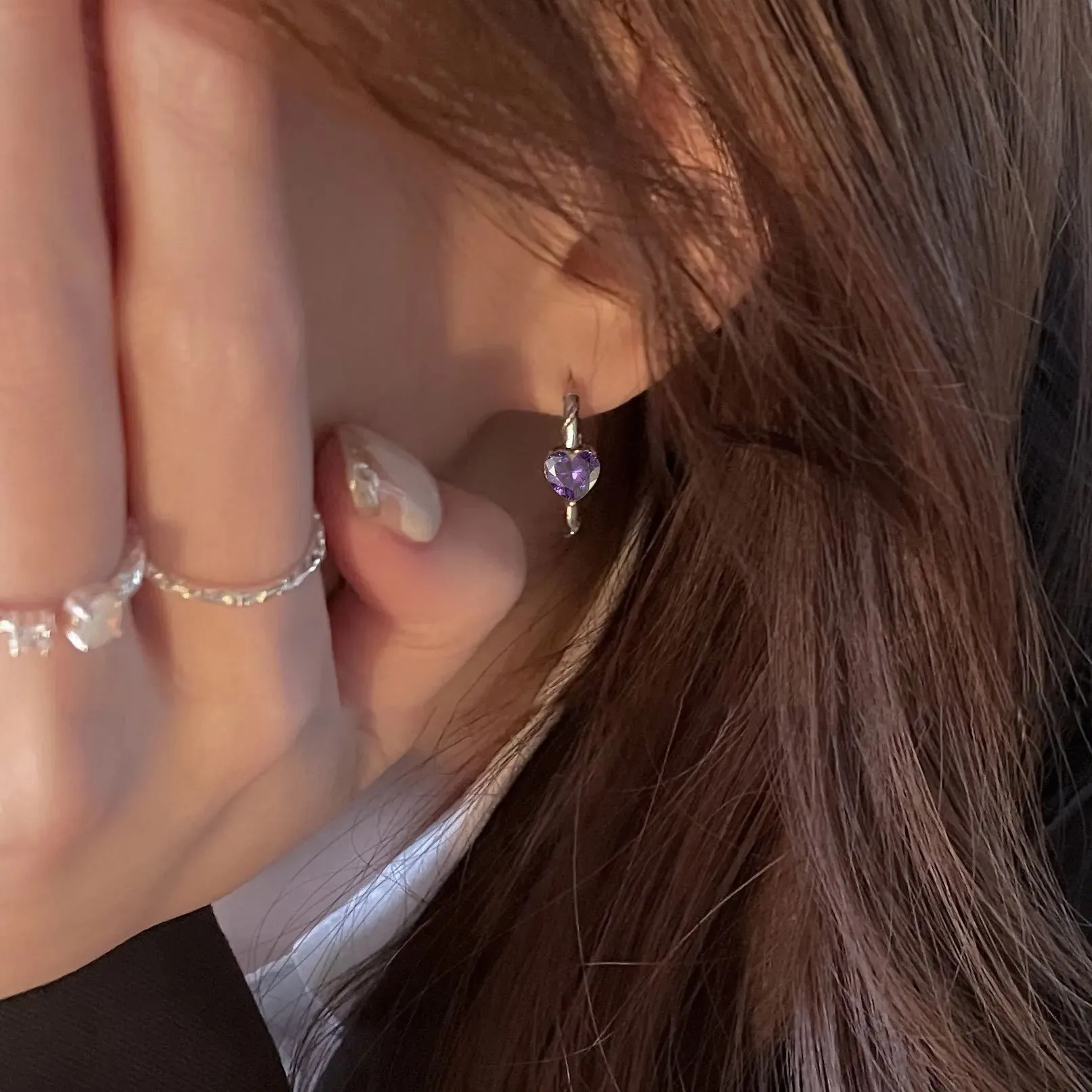 Silver Twist Hoop Earrings Purple Heart Zircon Party Jewelry