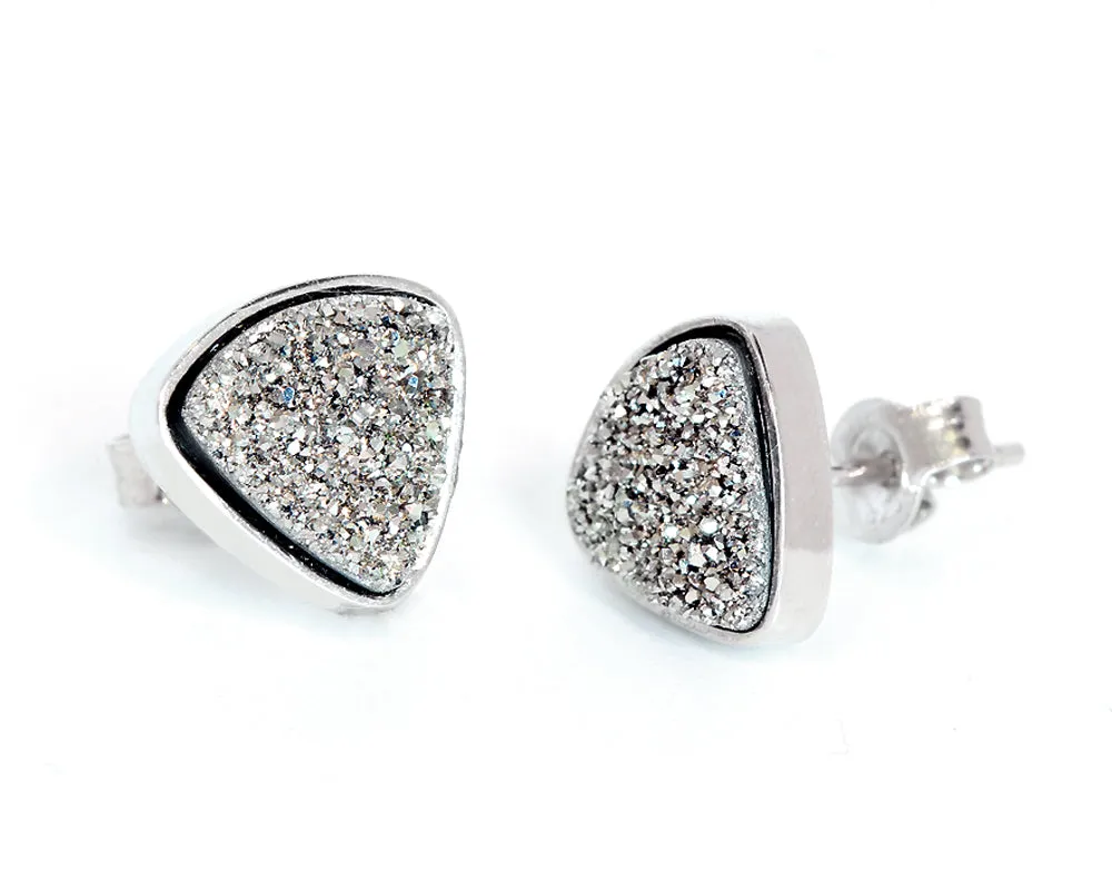 Small Triangle Platinum Druzy Stud Earrings