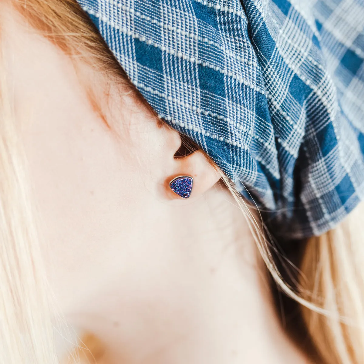 Small Triangle Platinum Druzy Stud Earrings