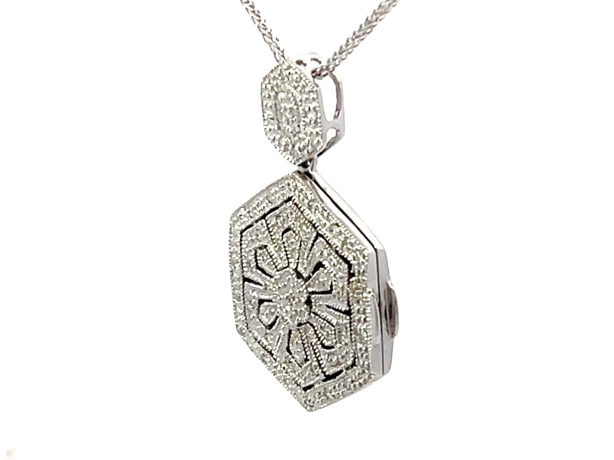 Solid 14K White Gold Hexagon Shaped Diamond Pendant and Chain