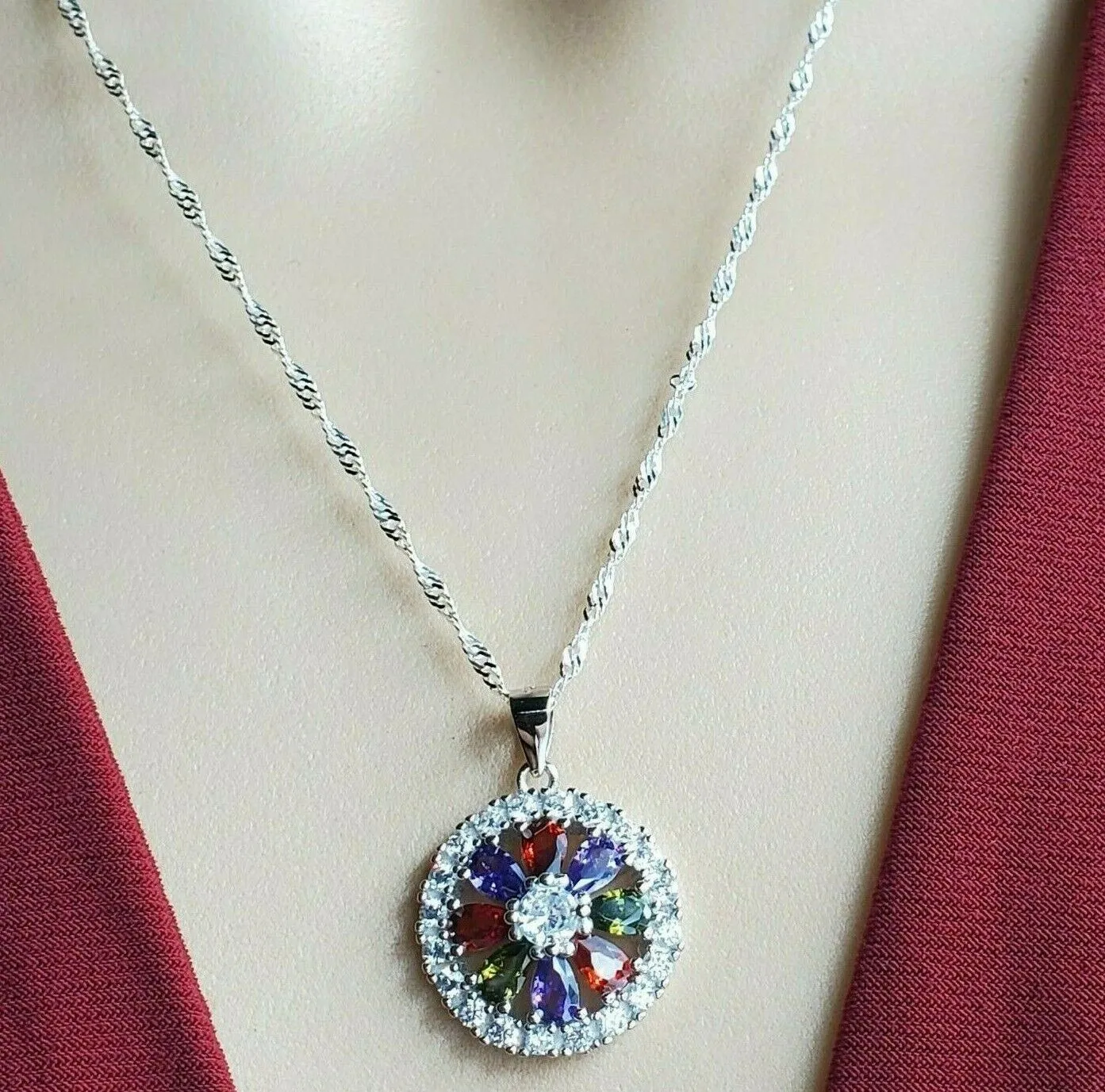 Solid 925 Sterling Silver. Multi-Color Flower Pendant Necklace & 18 in. chain