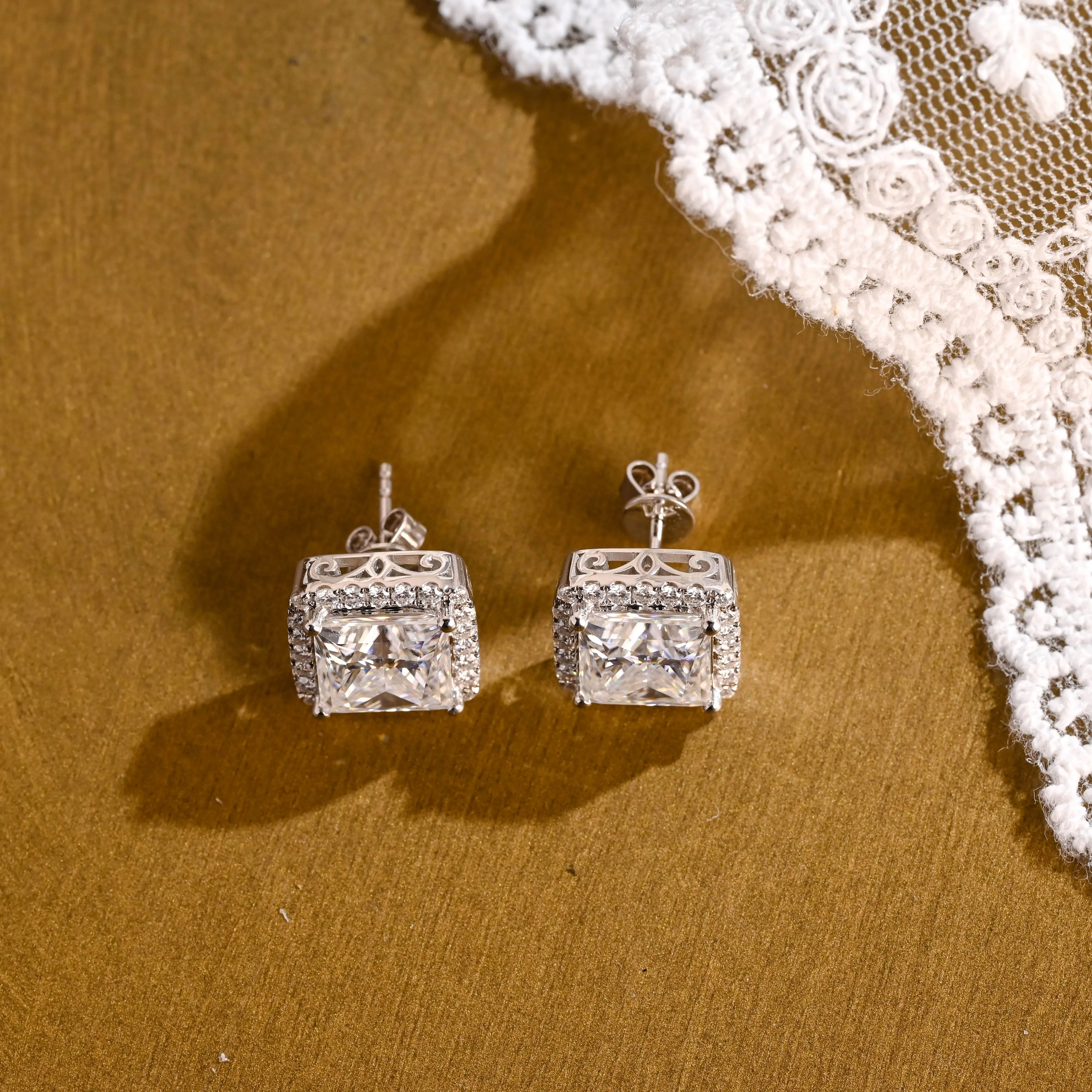 Solid Gold Filigree Style Earrings, Halo Princess Cut Moissanite Earrings Studs