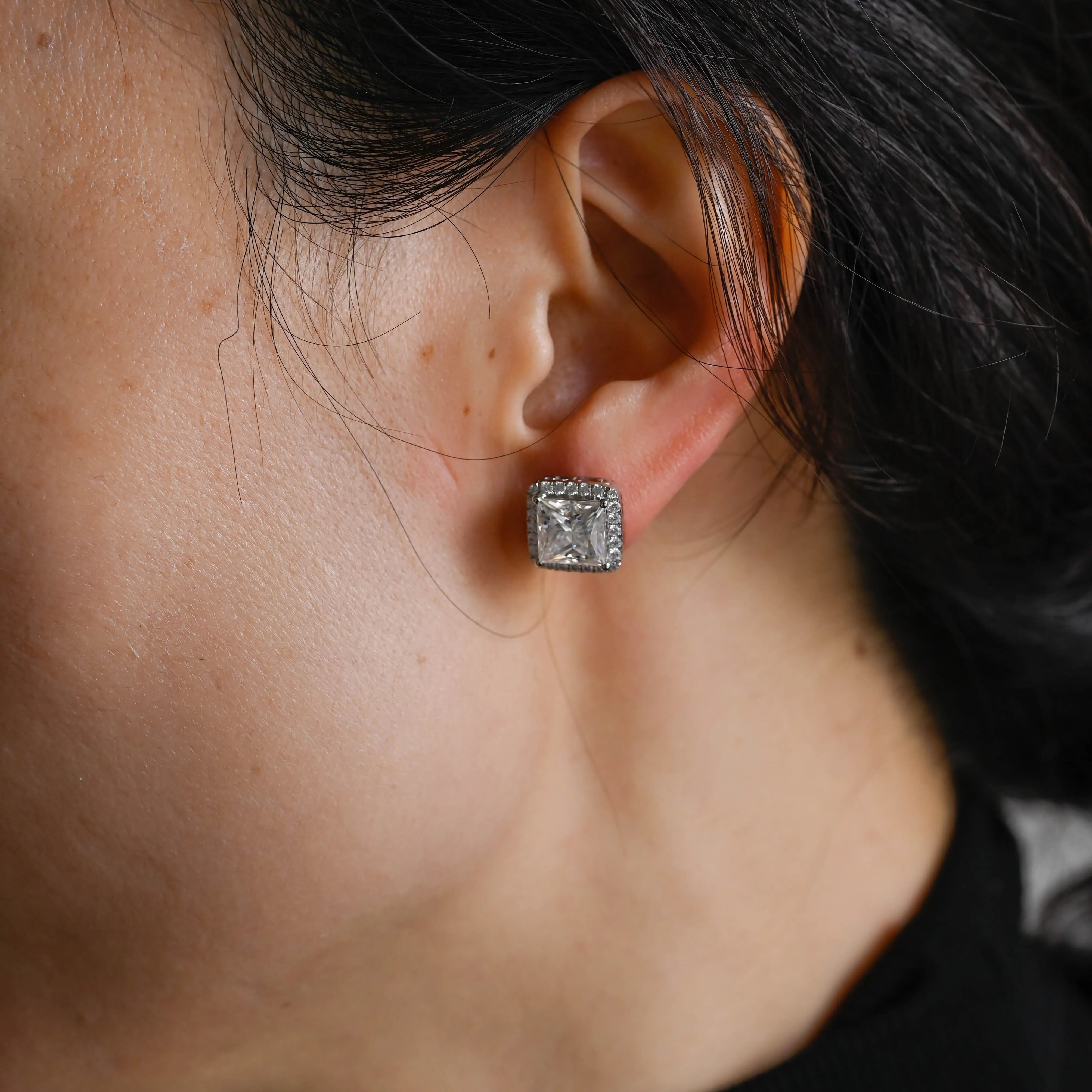 Solid Gold Filigree Style Earrings, Halo Princess Cut Moissanite Earrings Studs