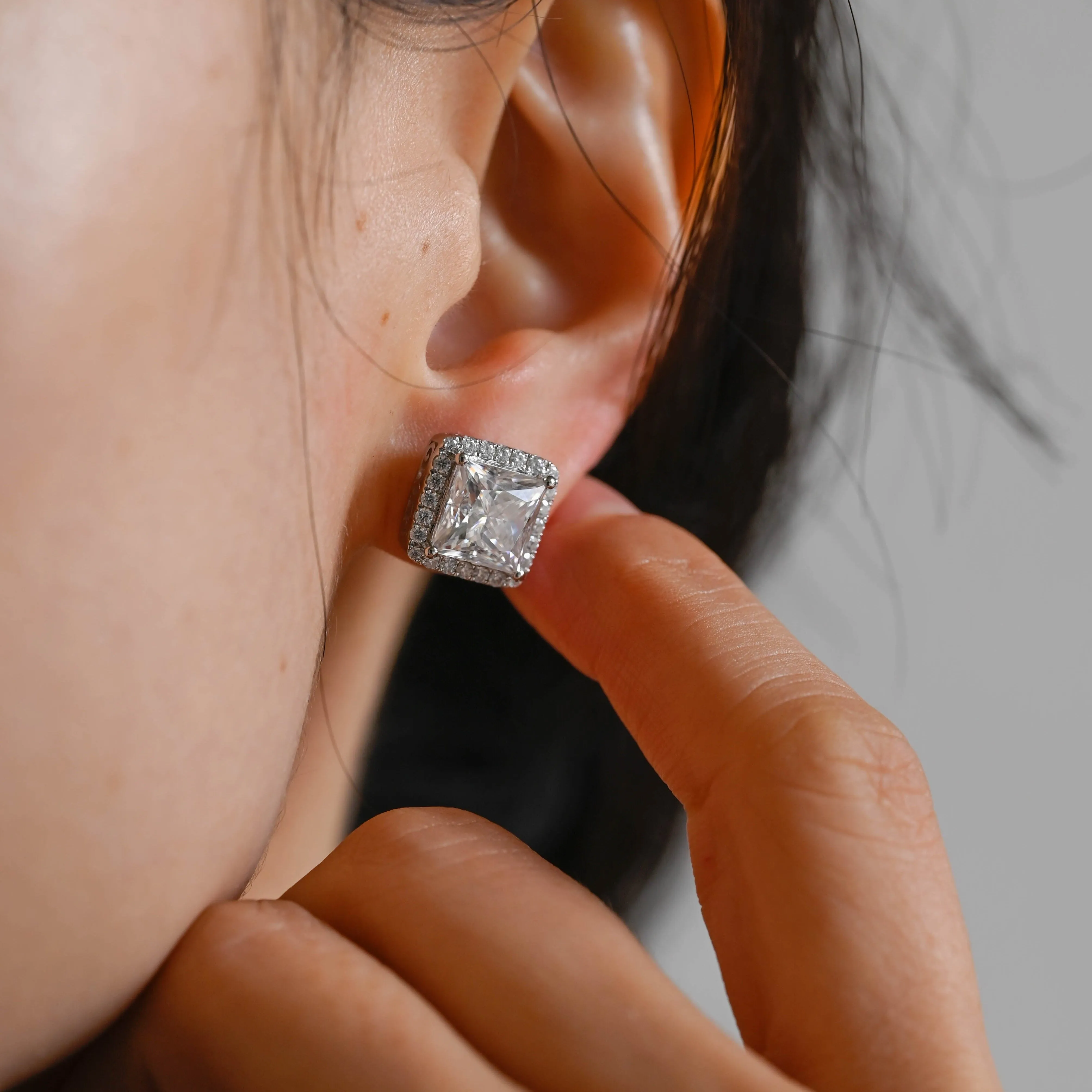 Solid Gold Filigree Style Earrings, Halo Princess Cut Moissanite Earrings Studs