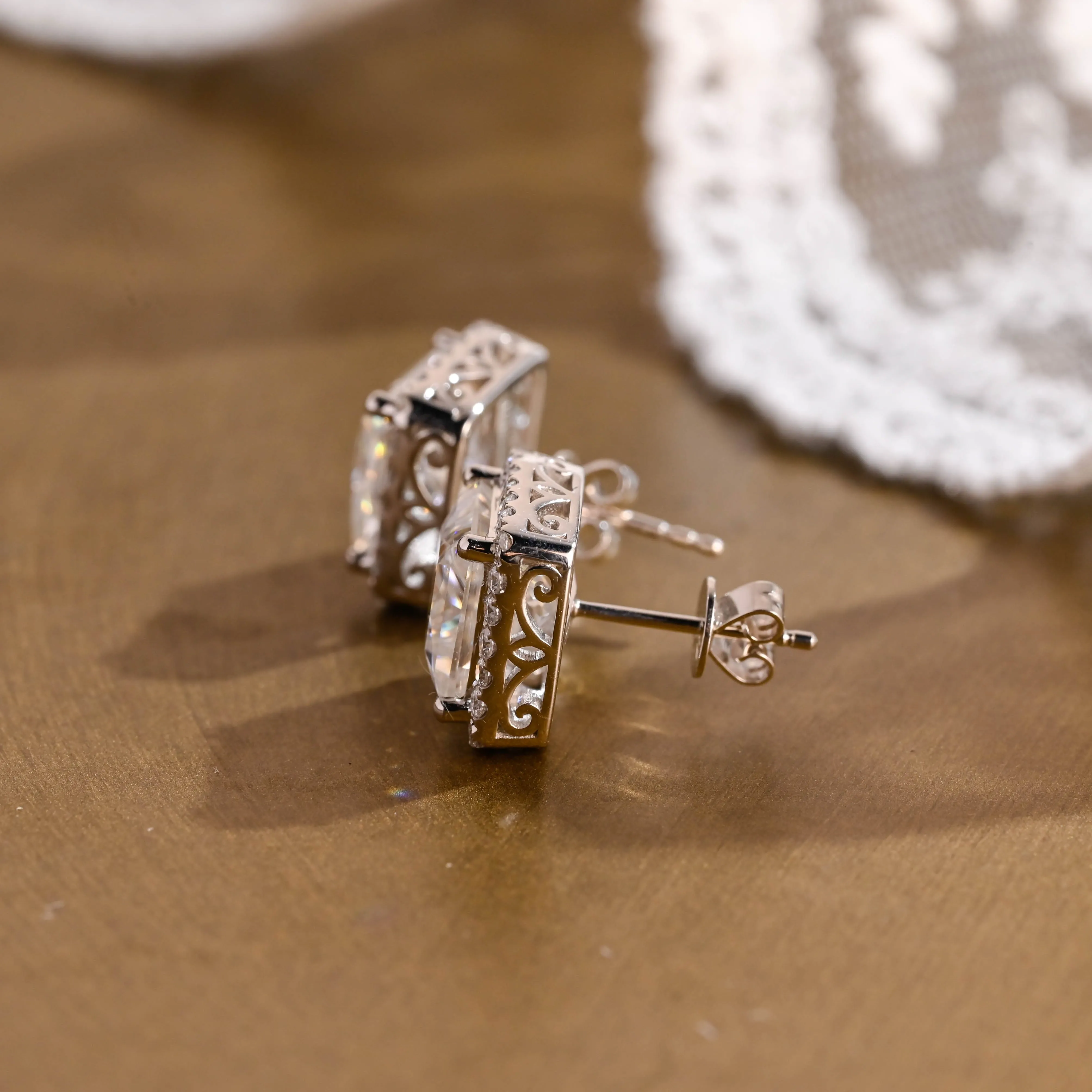Solid Gold Filigree Style Earrings, Halo Princess Cut Moissanite Earrings Studs