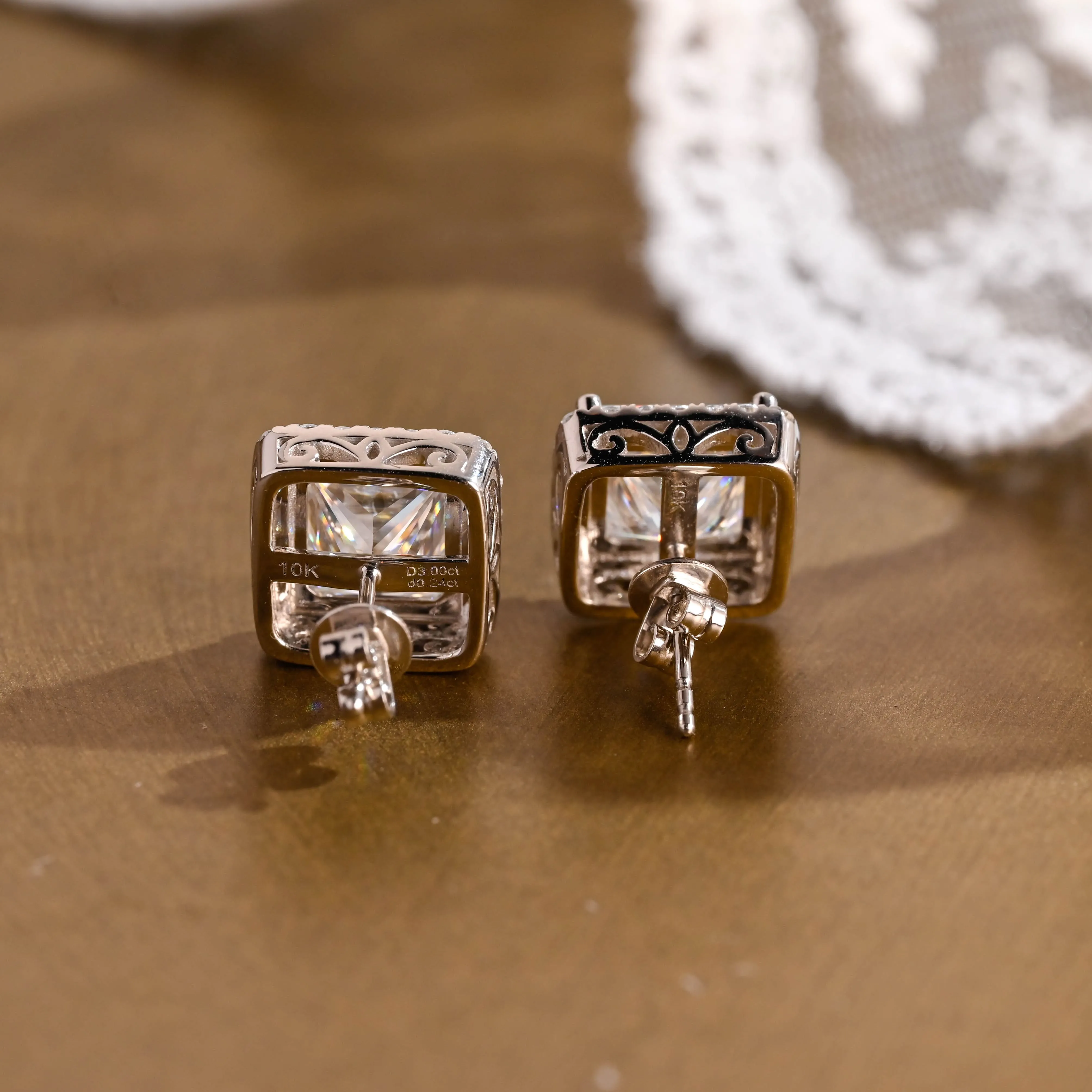 Solid Gold Filigree Style Earrings, Halo Princess Cut Moissanite Earrings Studs