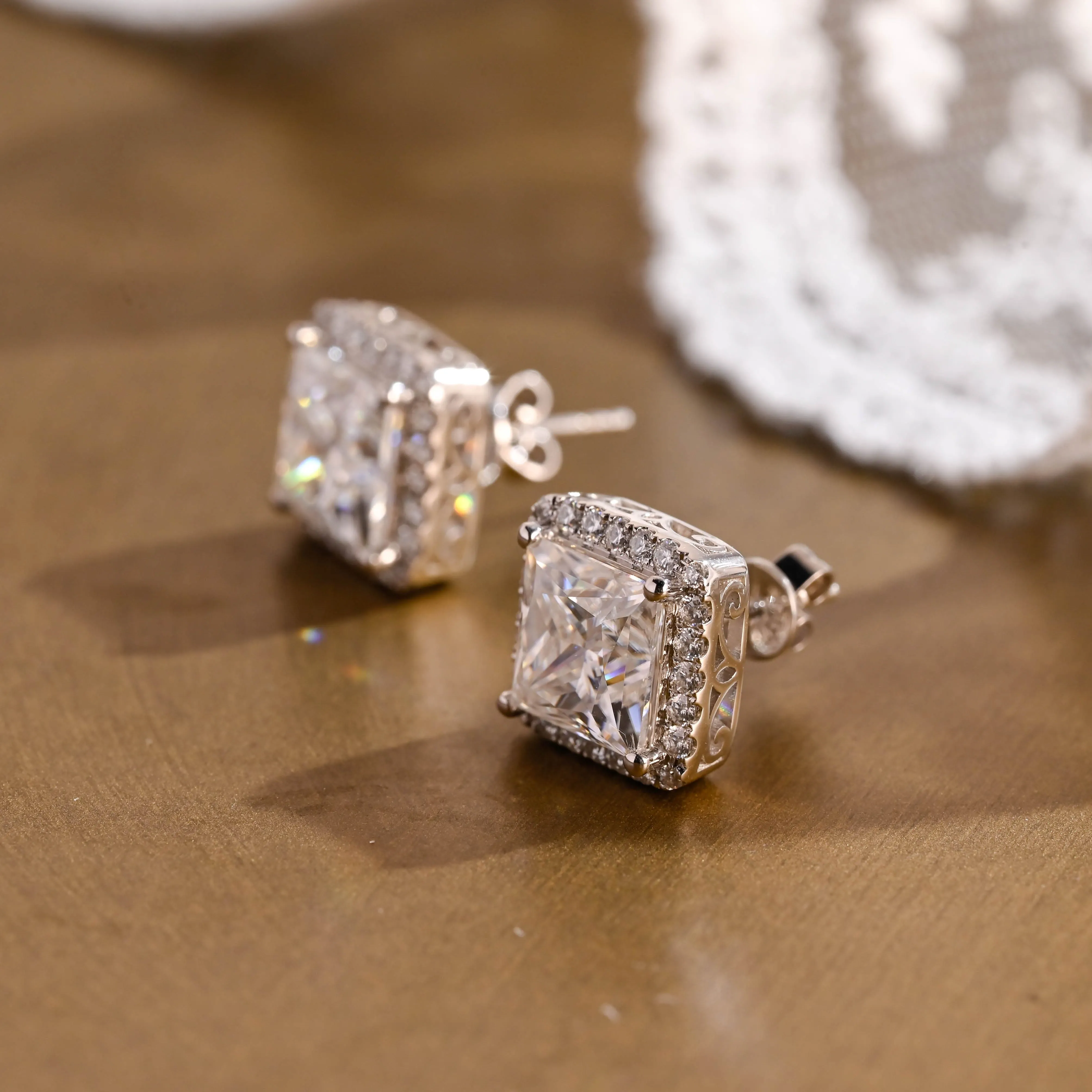 Solid Gold Filigree Style Earrings, Halo Princess Cut Moissanite Earrings Studs