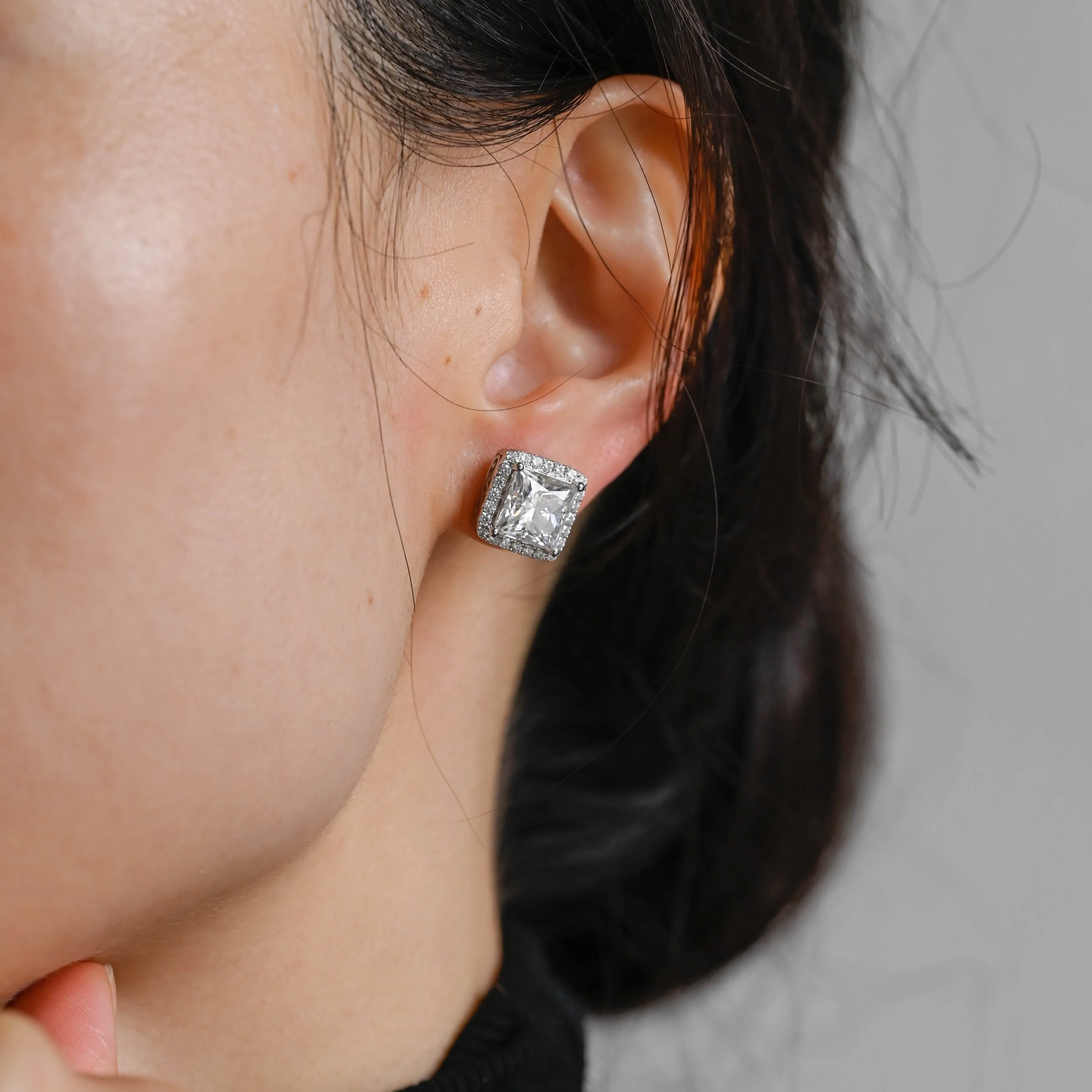 Solid Gold Filigree Style Earrings, Halo Princess Cut Moissanite Earrings Studs