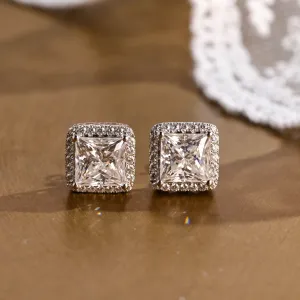 Solid Gold Filigree Style Earrings, Halo Princess Cut Moissanite Earrings Studs