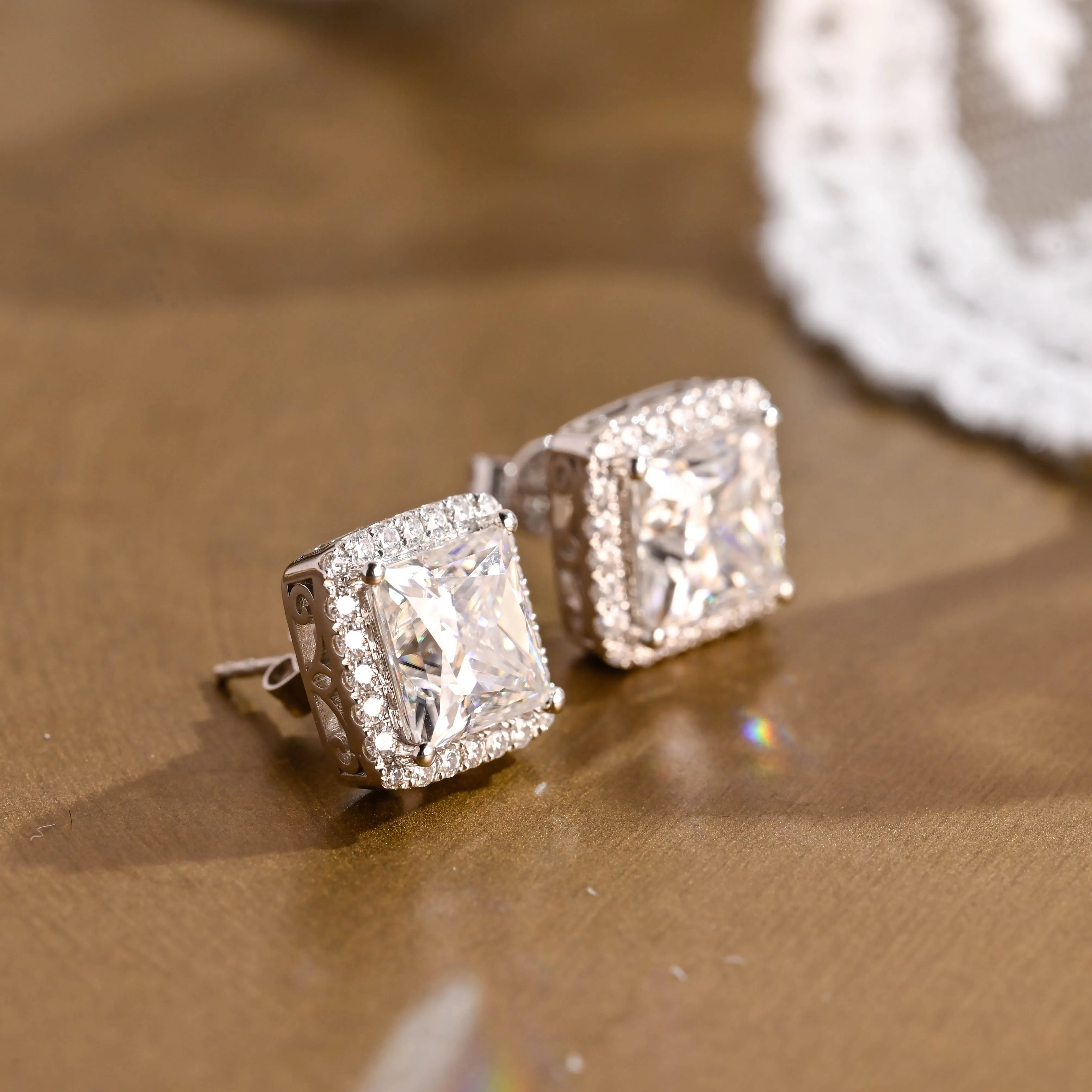 Solid Gold Filigree Style Earrings, Halo Princess Cut Moissanite Earrings Studs