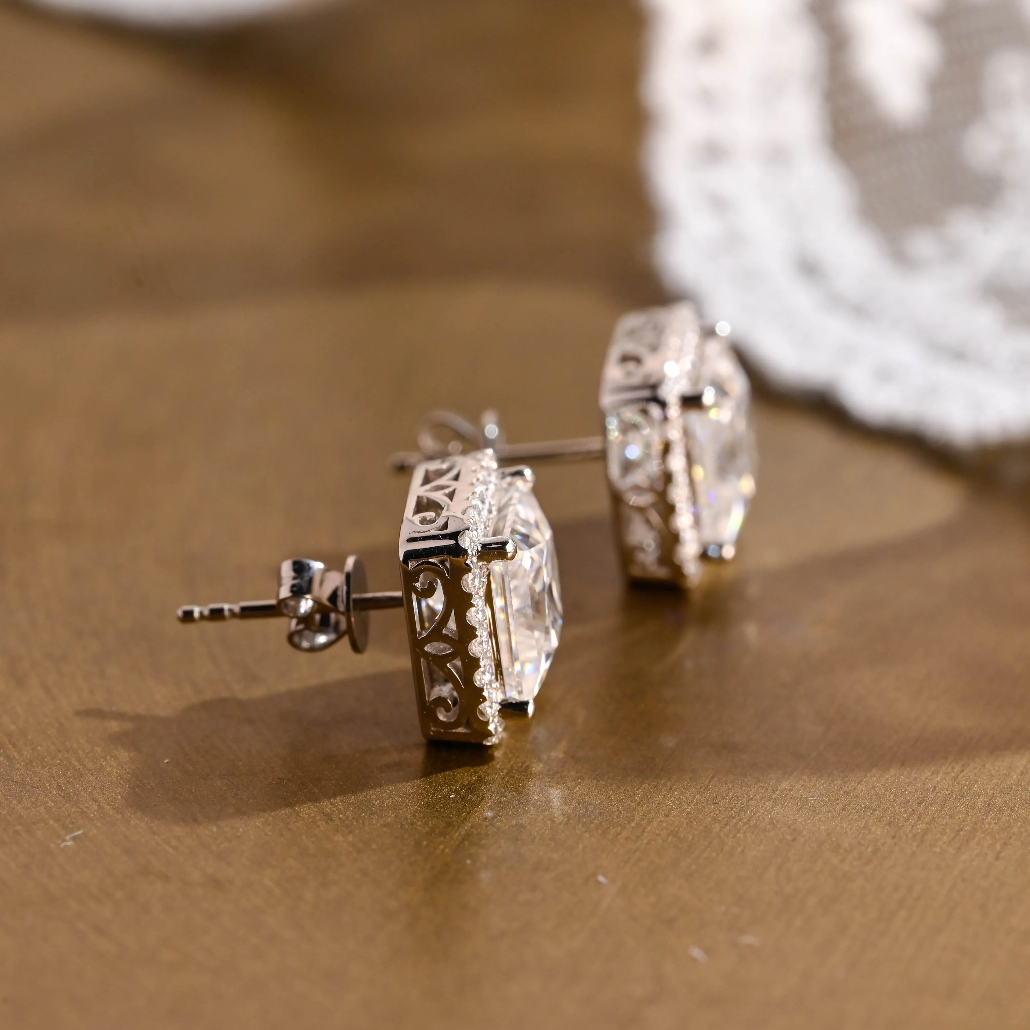 Solid Gold Filigree Style Earrings, Halo Princess Cut Moissanite Earrings Studs