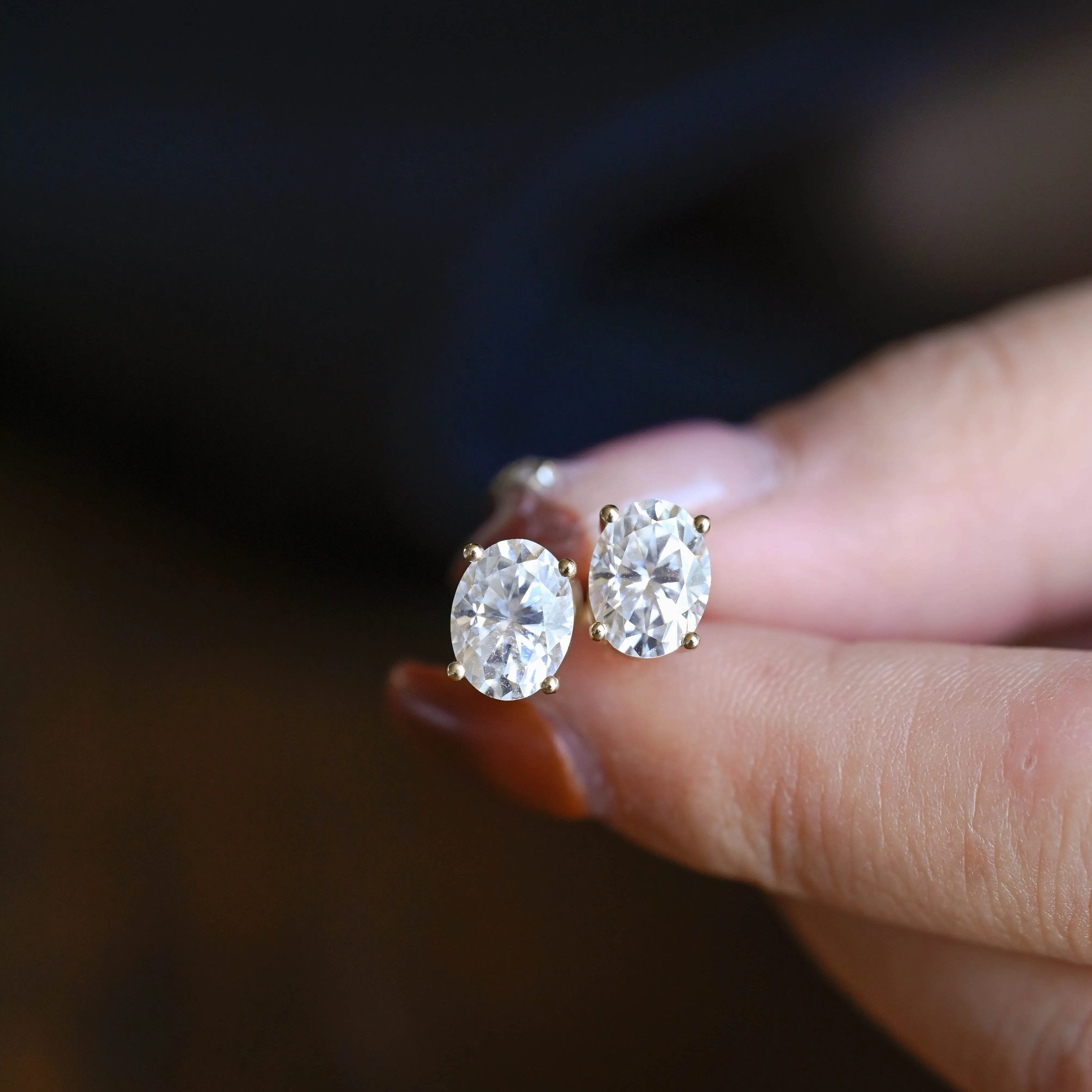 Solid Gold Solitaire Oval Cut Moissanite Earring Studs