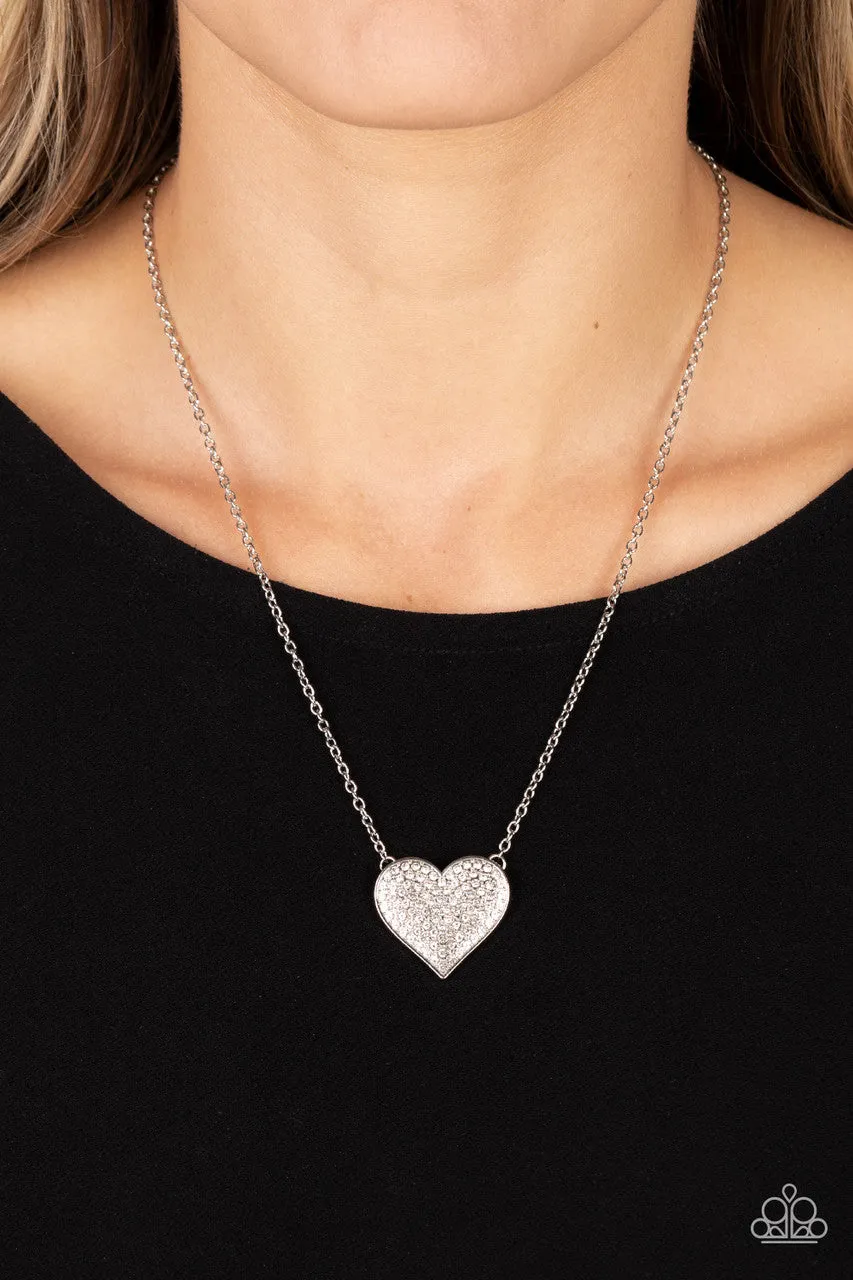 Spellbinding Sweetheart - White - Rhinestone Heart Silver Paparazzi Short Necklace