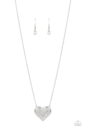 Spellbinding Sweetheart - White - Rhinestone Heart Silver Paparazzi Short Necklace