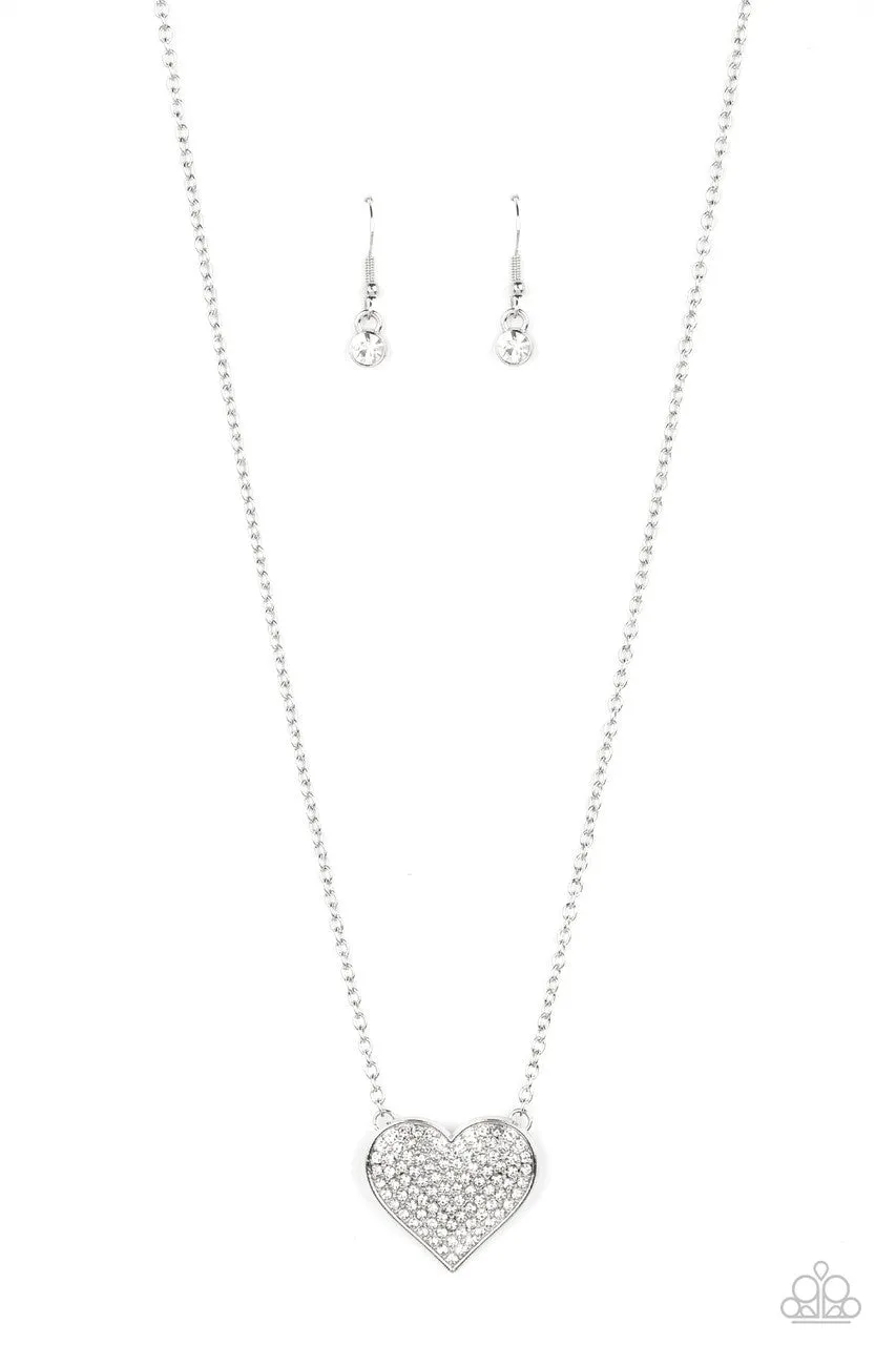 Spellbinding Sweetheart - White - Rhinestone Heart Silver Paparazzi Short Necklace