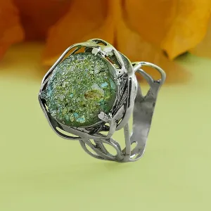 SPIRA Handcrafted Green Roman Glass 925 Sterling Silver Solitaire Ring Set Setting Gemstone ring Gypsy ring, Bohemian ring, Hippie ring
