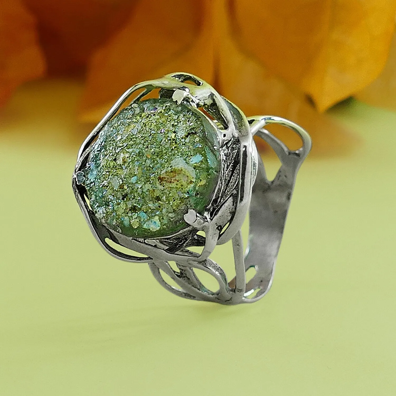 SPIRA Handcrafted Green Roman Glass 925 Sterling Silver Solitaire Ring Set Setting Gemstone ring Gypsy ring, Bohemian ring, Hippie ring