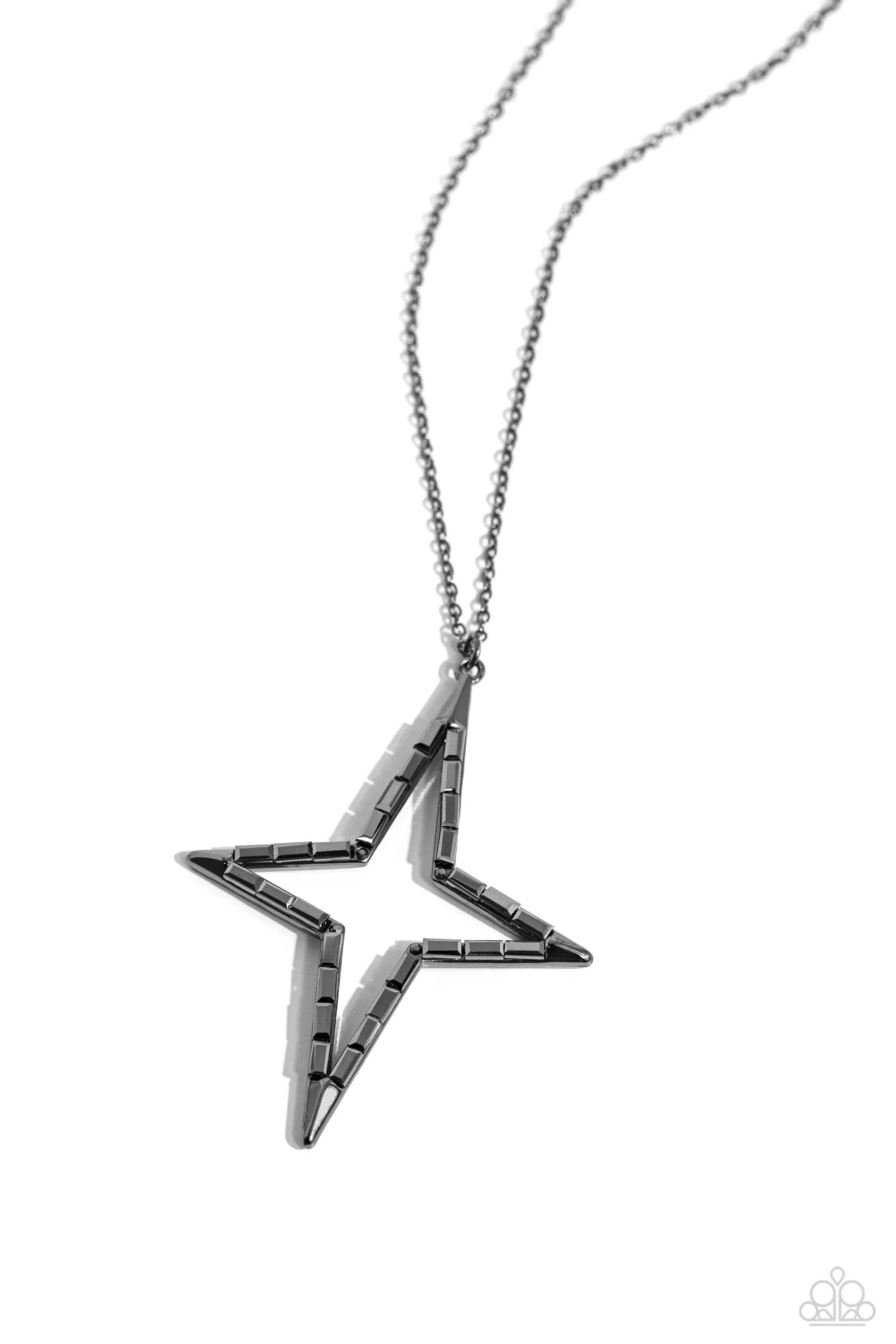 Stellar Showtime - Black - Hematite Gem Gunmetal Star Frame Paparazzi Long Necklace