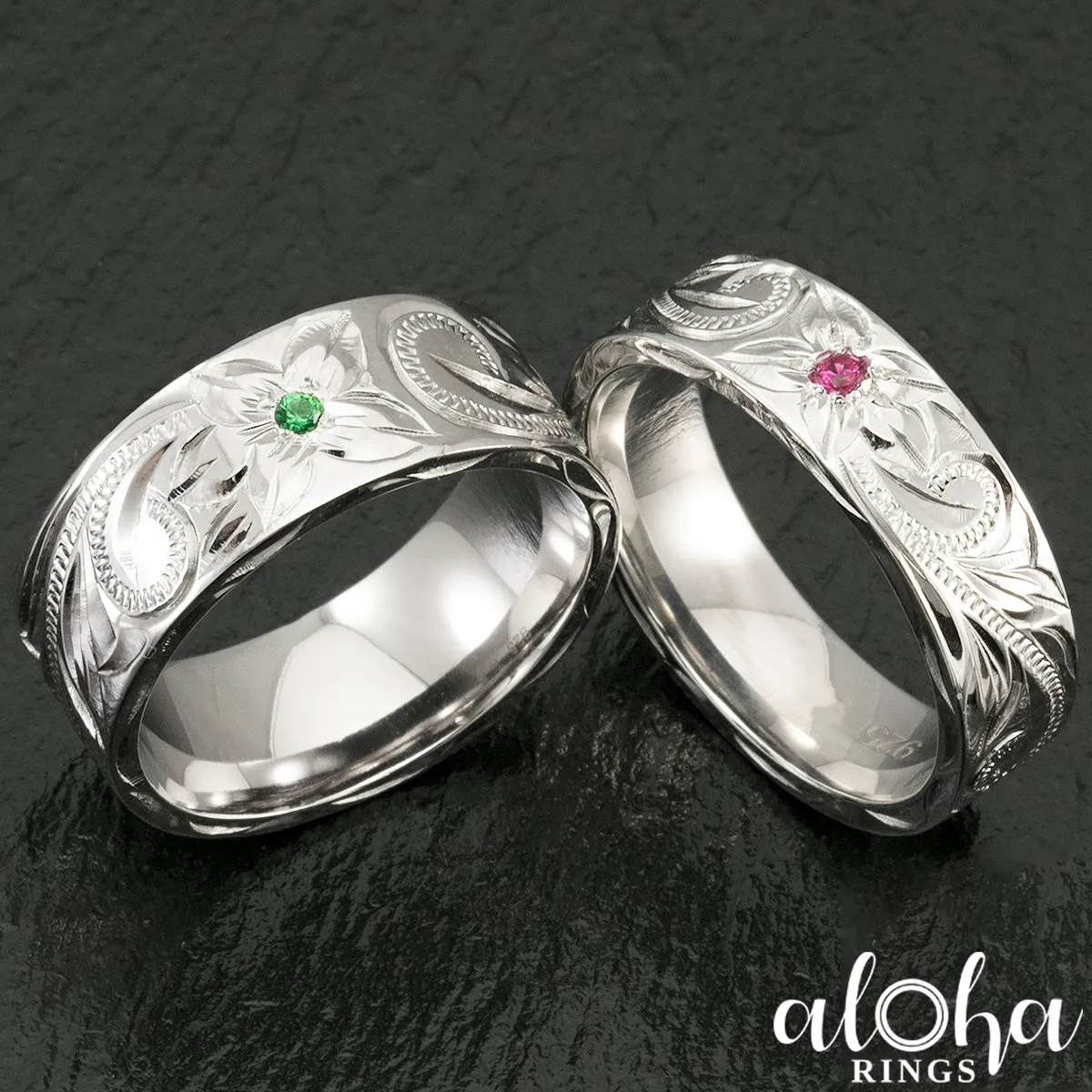 Sterling Silver Hawaiian Jewelry Ring [6mm or 8mm] with Birth Stone Setting - Flat Shape
