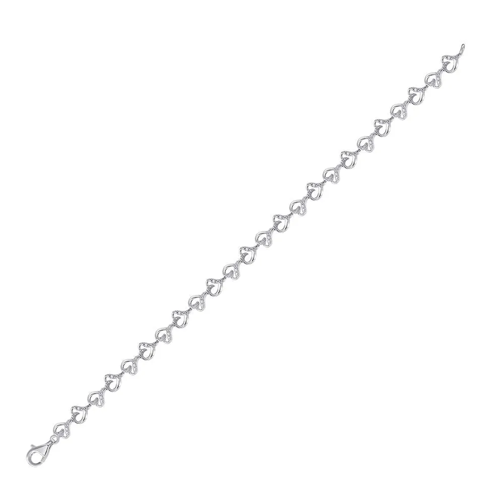 Sterling Silver Womens Round Diamond Heart Bracelet 1/10 Cttw