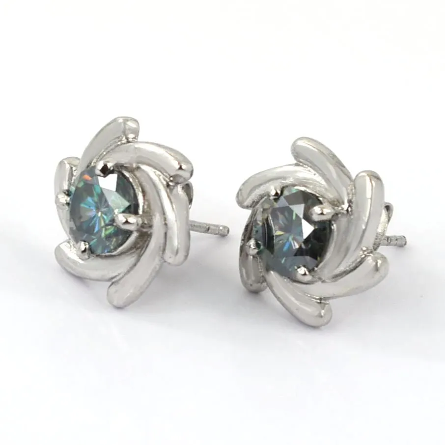Stylish Blue Diamond Stud Earrings in White Gold Finish! Great Brilliance & Luster. Gift For Birthday!  1.60 Ct Certified