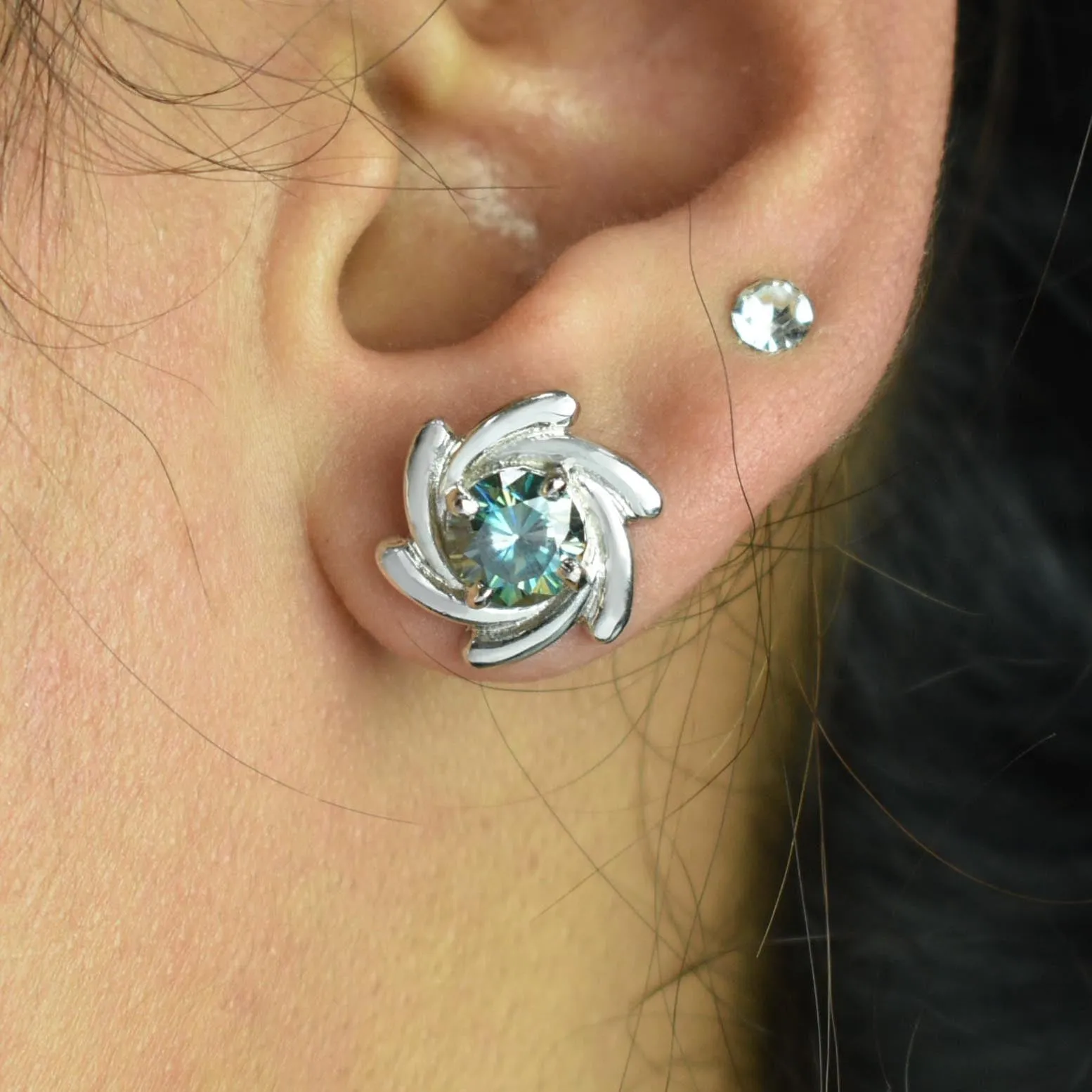Stylish Blue Diamond Stud Earrings in White Gold Finish! Great Brilliance & Luster. Gift For Birthday!  1.60 Ct Certified