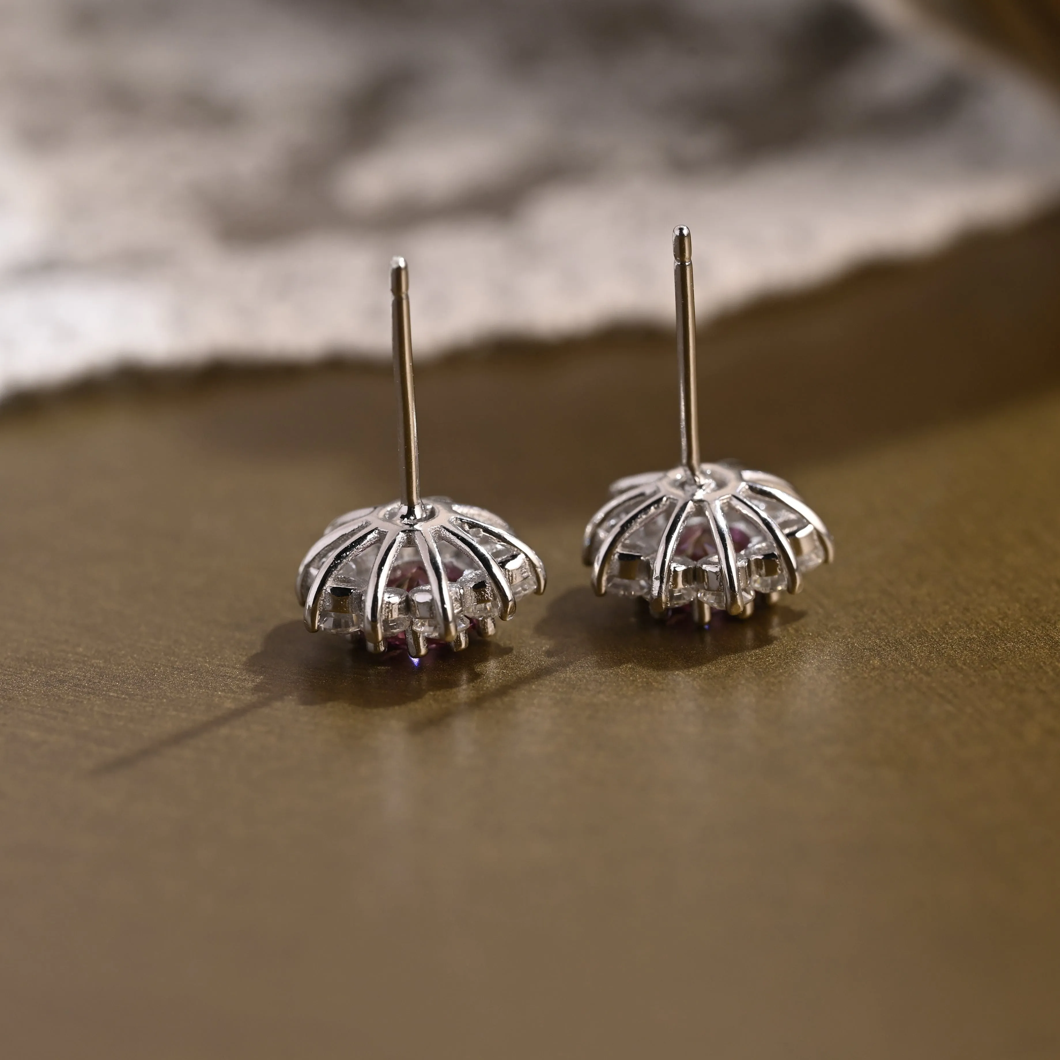 Sunflower Halo Purple Lab Grown Sapphire Earrings Studs