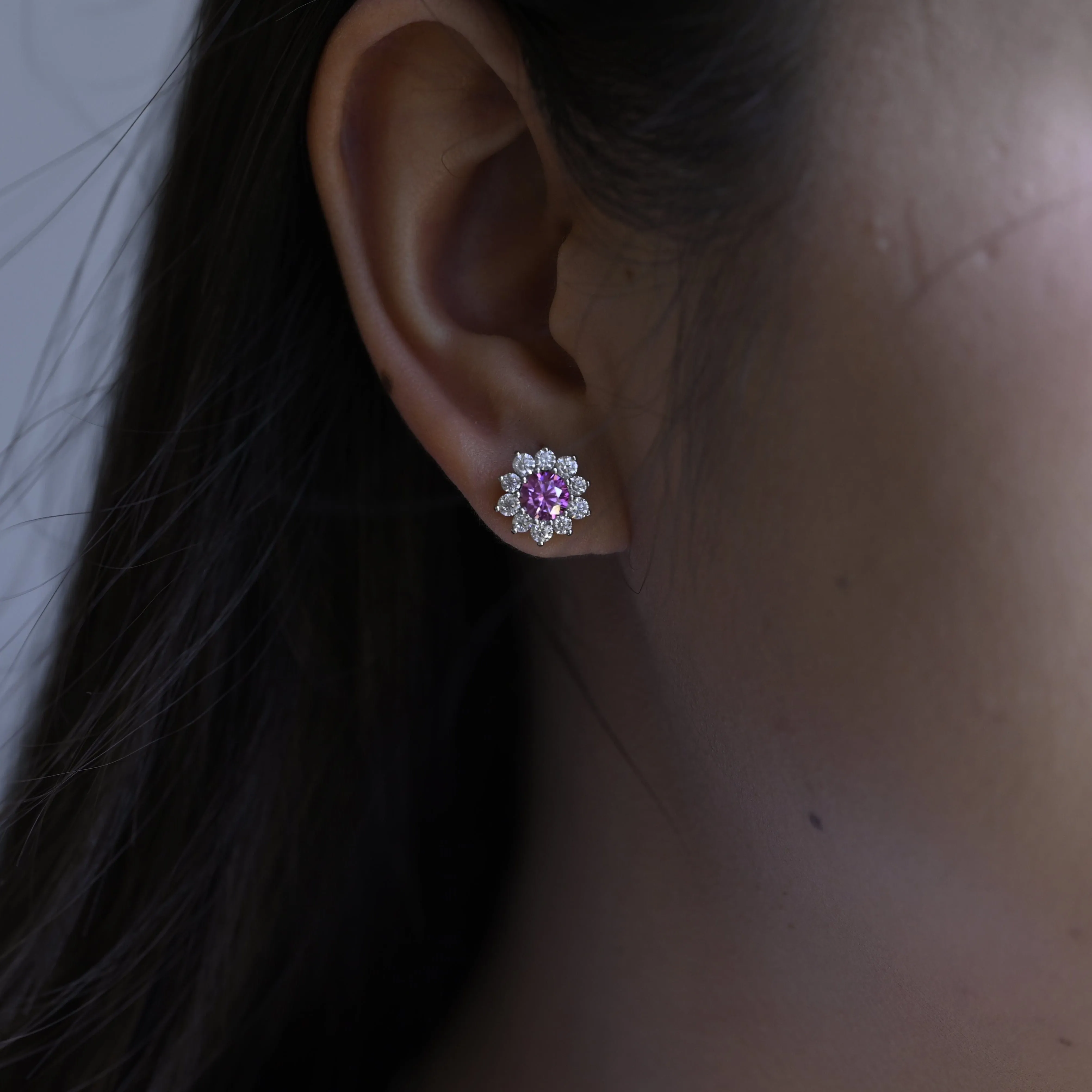 Sunflower Halo Purple Lab Grown Sapphire Earrings Studs