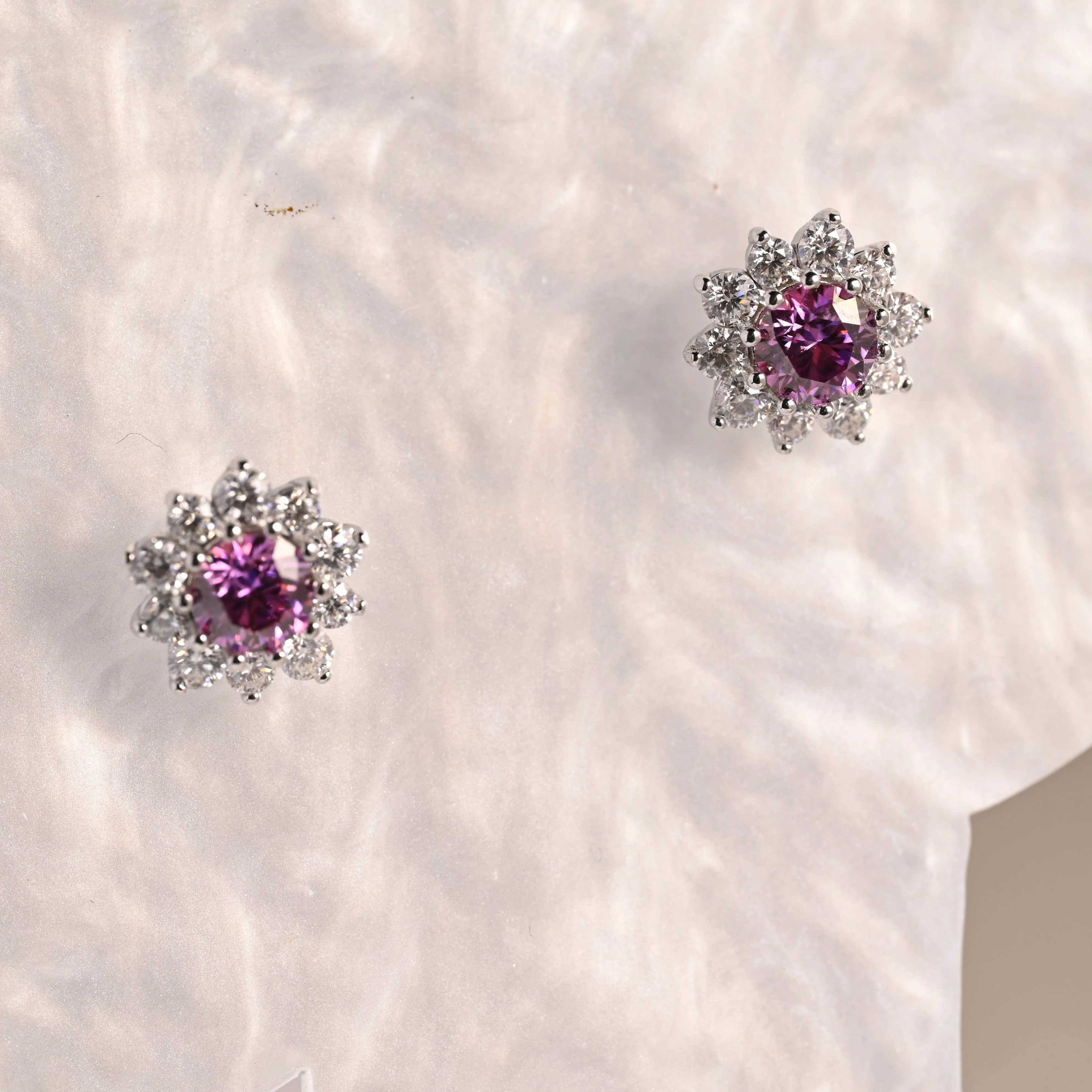 Sunflower Halo Purple Lab Grown Sapphire Earrings Studs