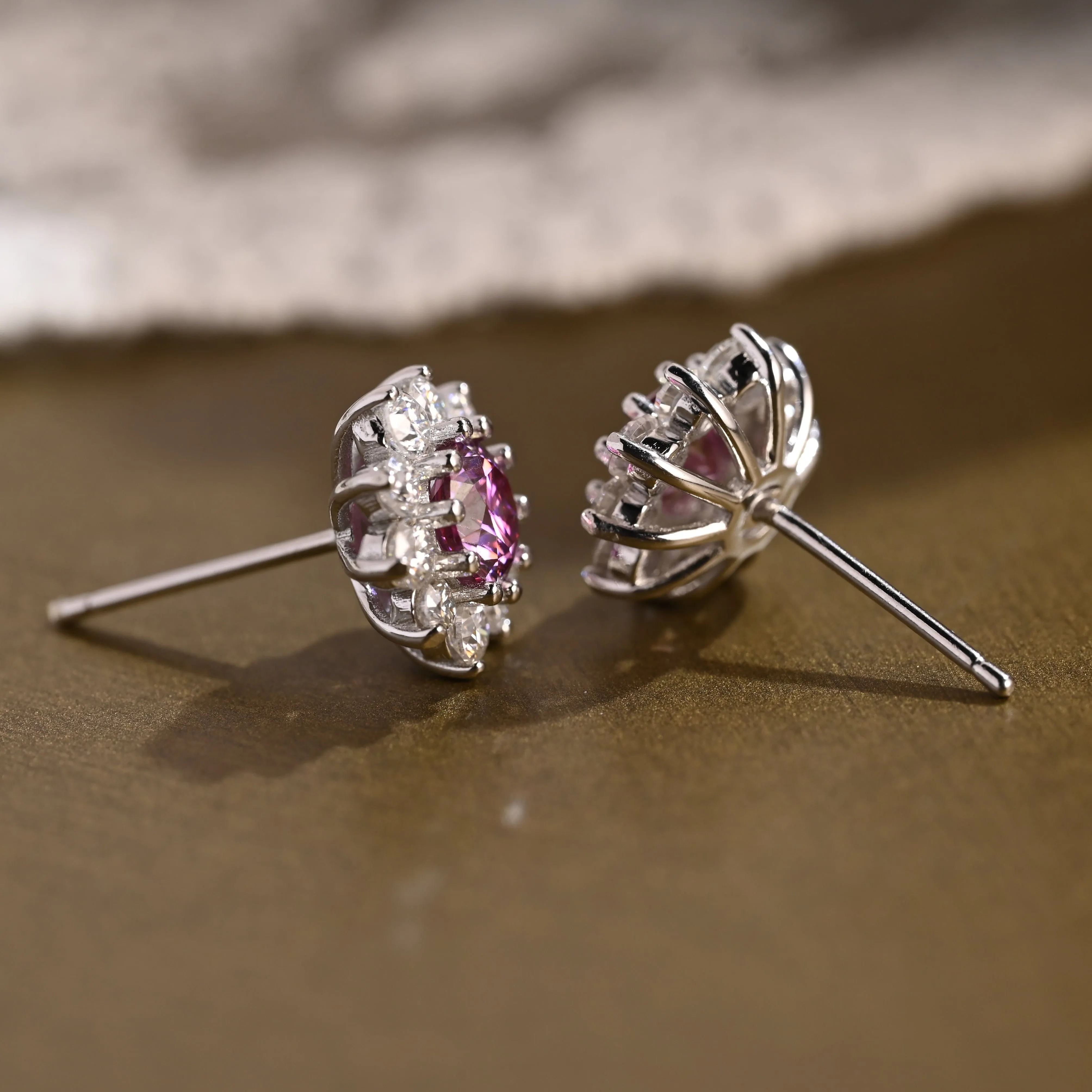 Sunflower Halo Purple Lab Grown Sapphire Earrings Studs