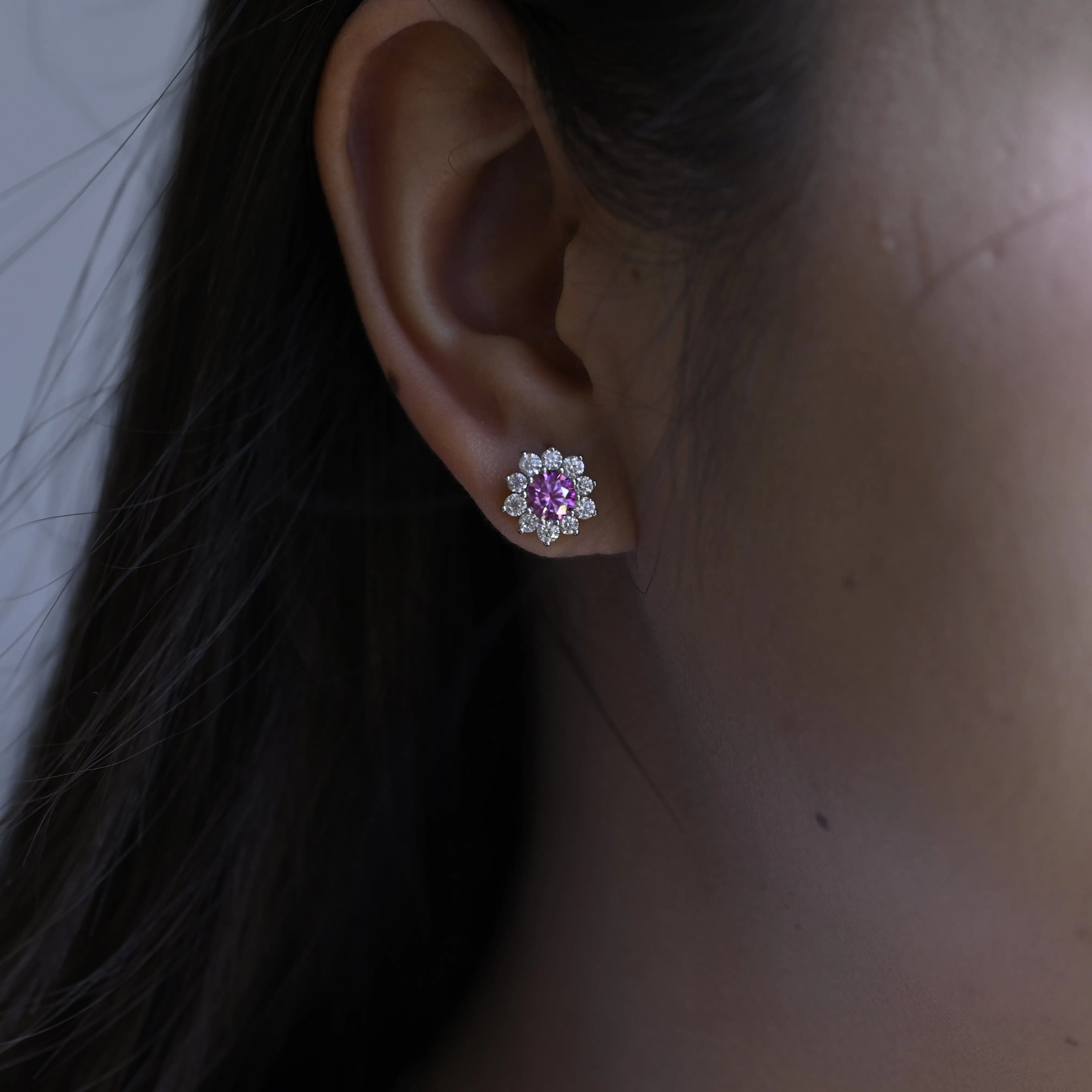 Sunflower Halo Purple Lab Grown Sapphire Earrings Studs