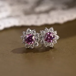 Sunflower Halo Purple Lab Grown Sapphire Earrings Studs