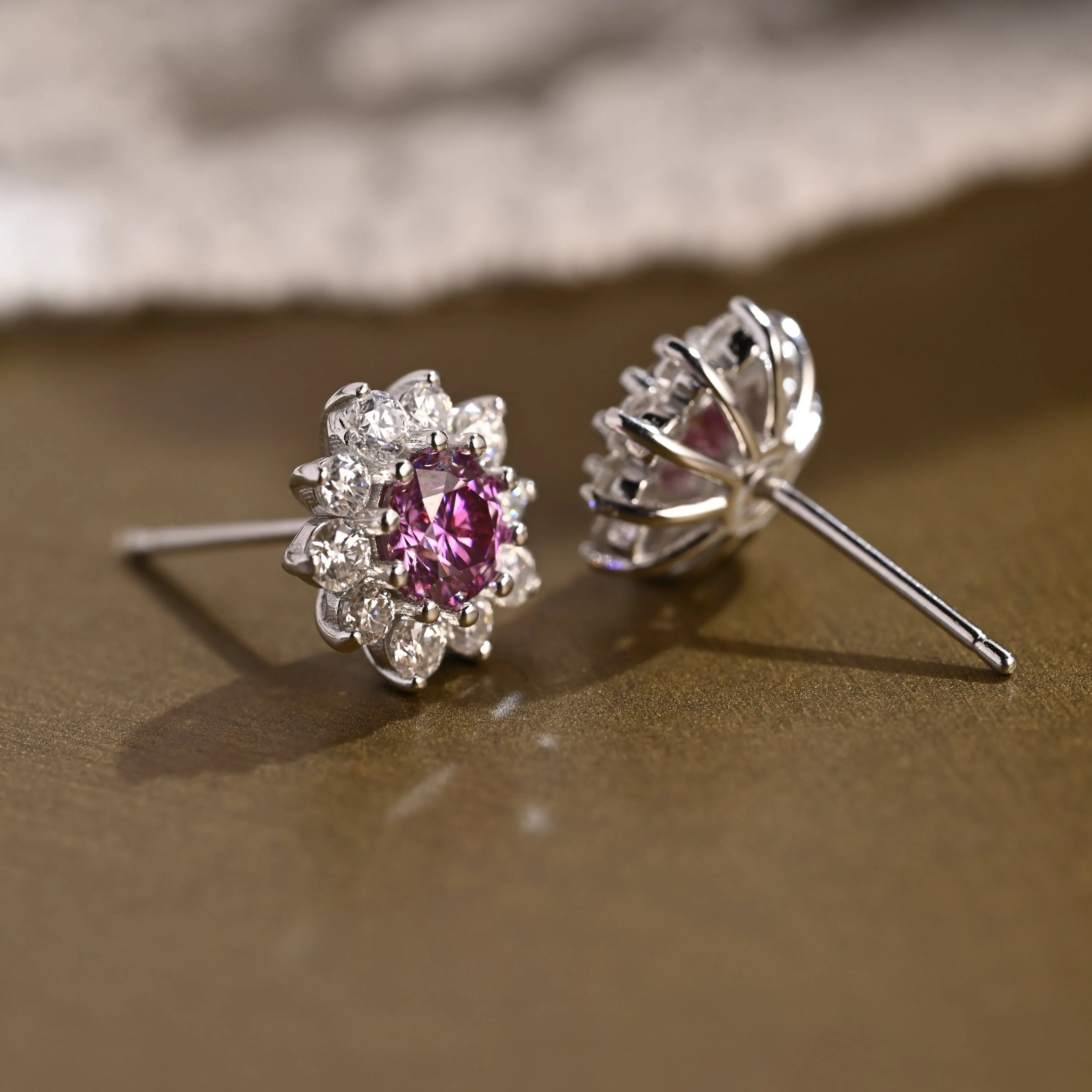 Sunflower Halo Purple Lab Grown Sapphire Earrings Studs