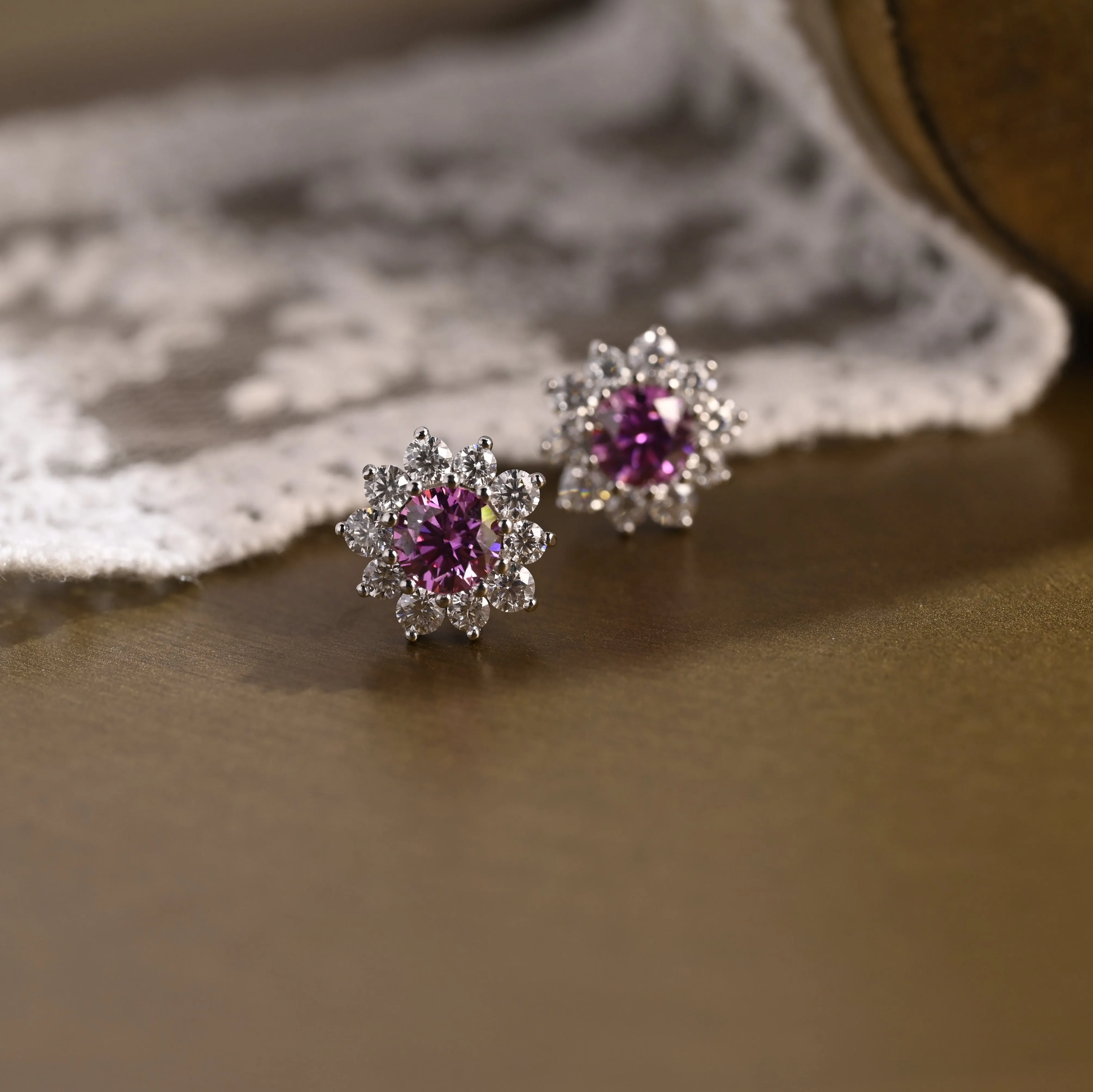 Sunflower Halo Purple Lab Grown Sapphire Earrings Studs
