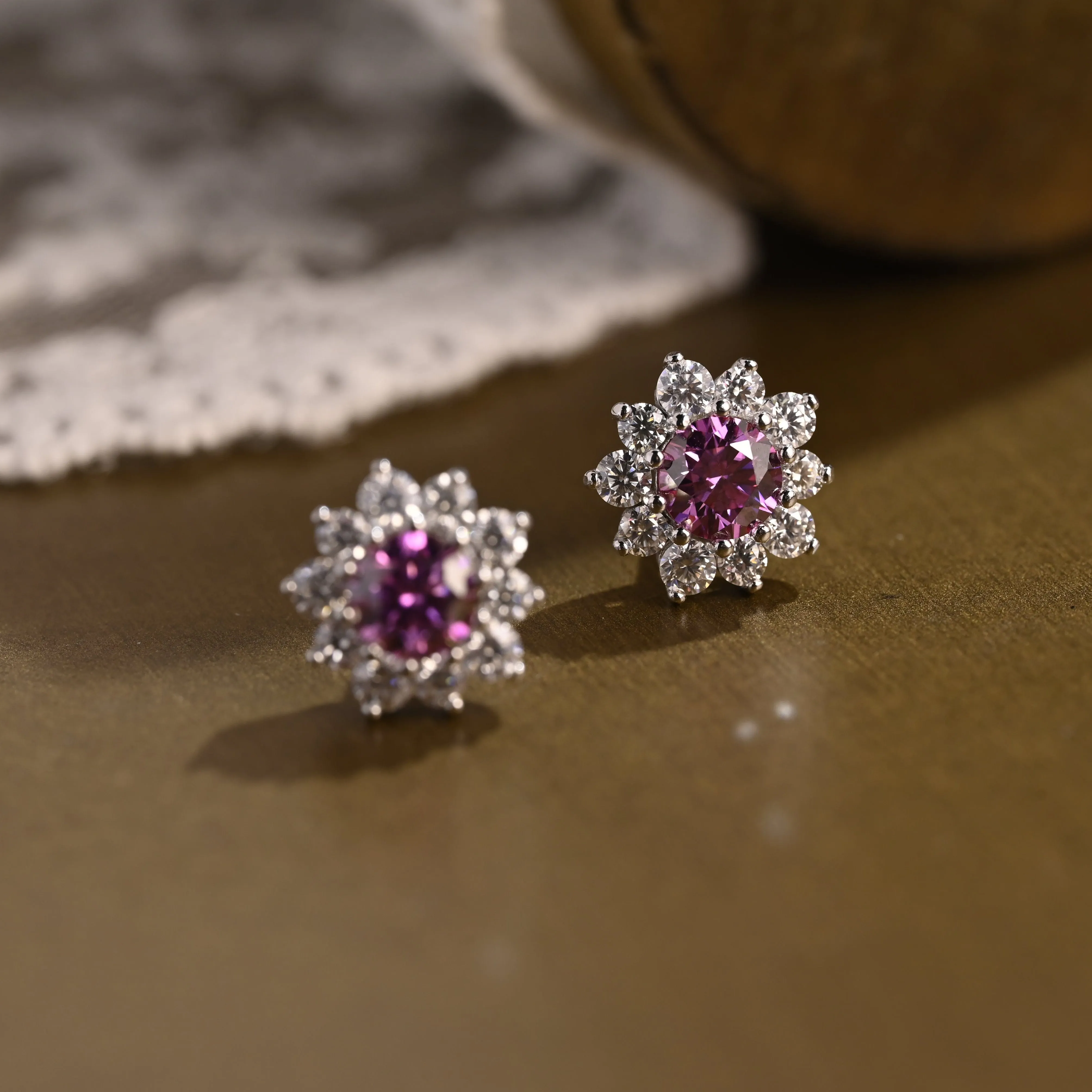 Sunflower Halo Purple Lab Grown Sapphire Earrings Studs