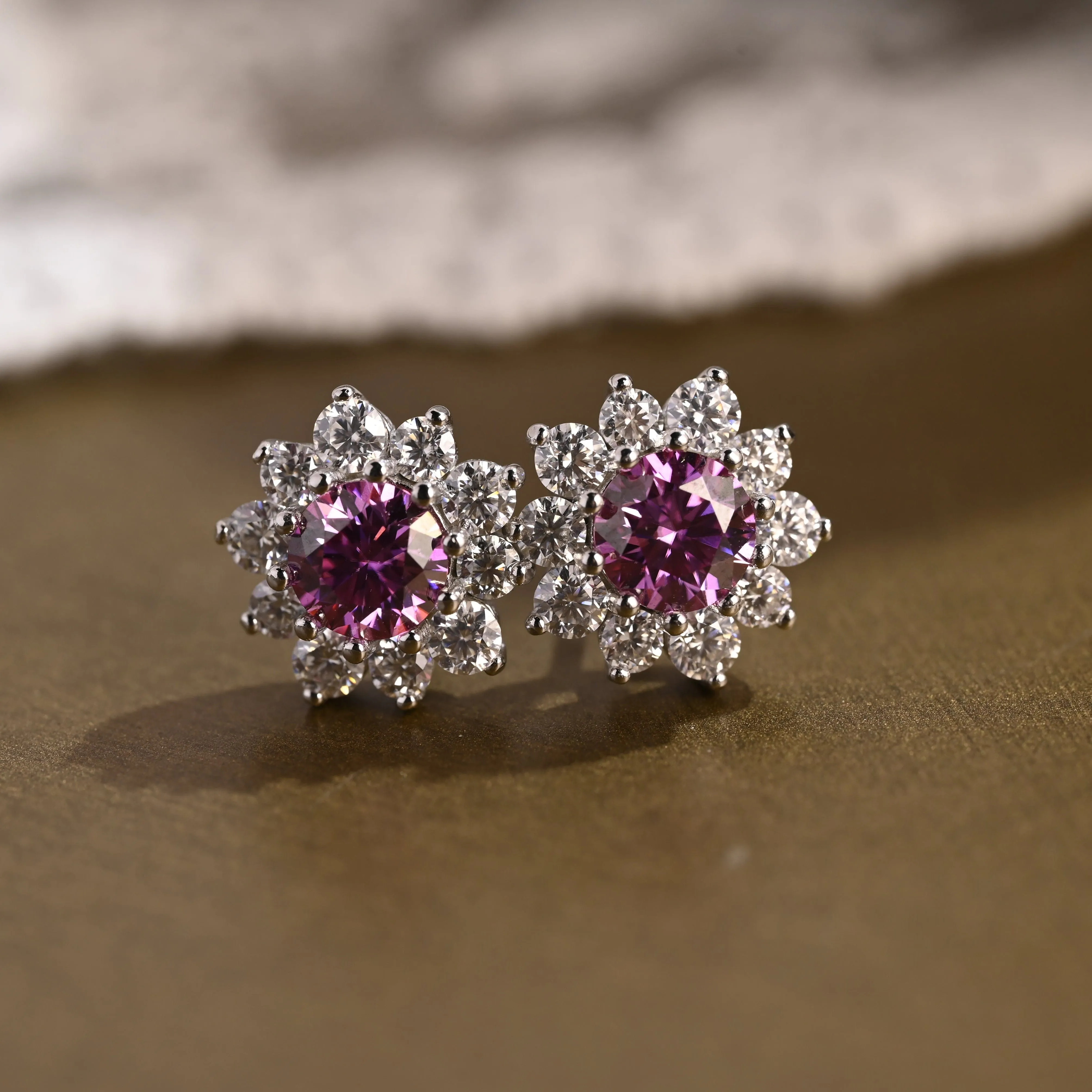 Sunflower Halo Purple Lab Grown Sapphire Earrings Studs