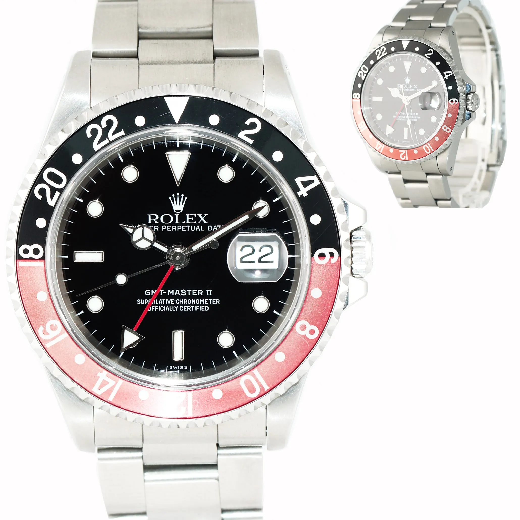 SWISS ONLY Rolex GMT-Master II Coke Serif Red Black Steel 16710 Date 40mm Watch