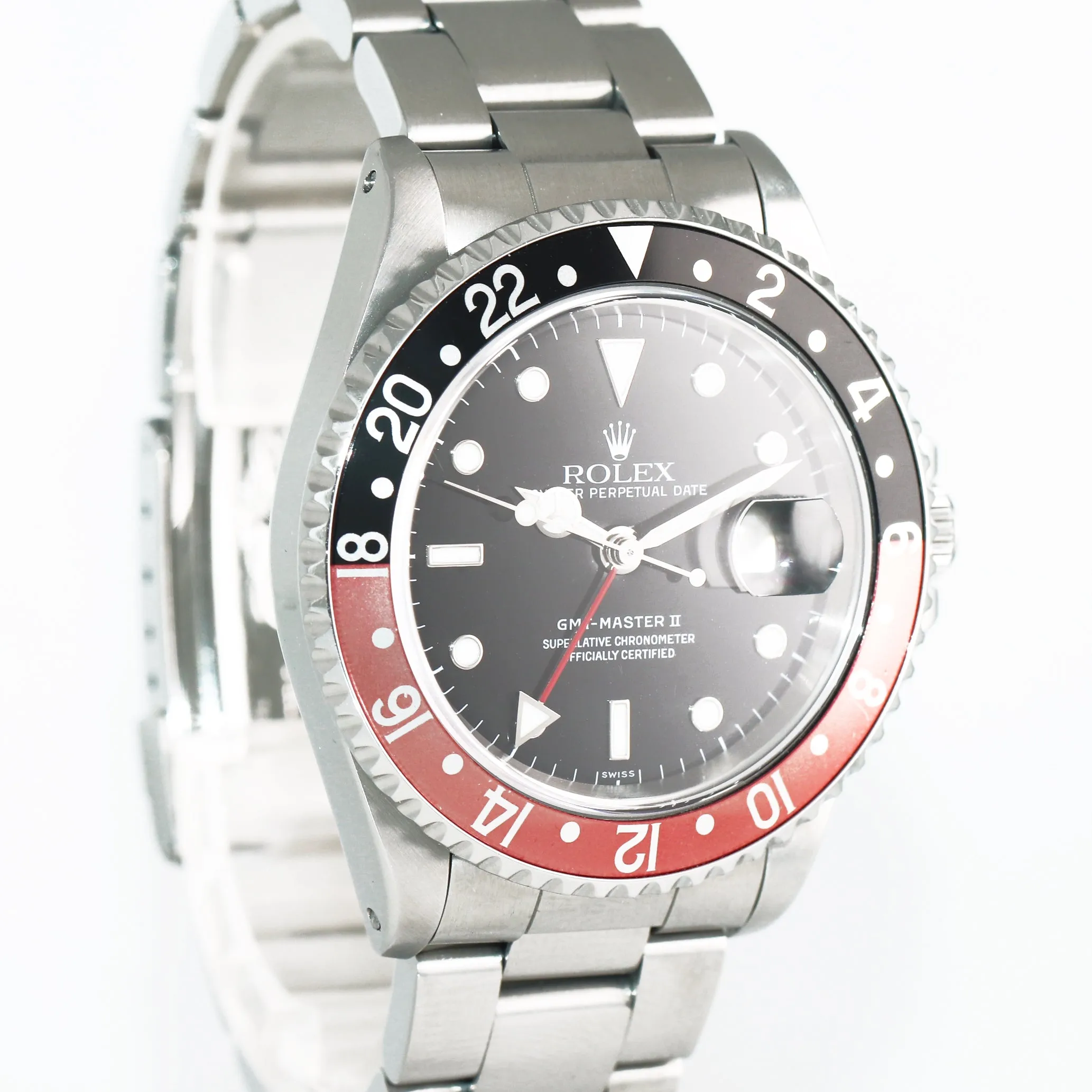 SWISS ONLY Rolex GMT-Master II Coke Serif Red Black Steel 16710 Date 40mm Watch