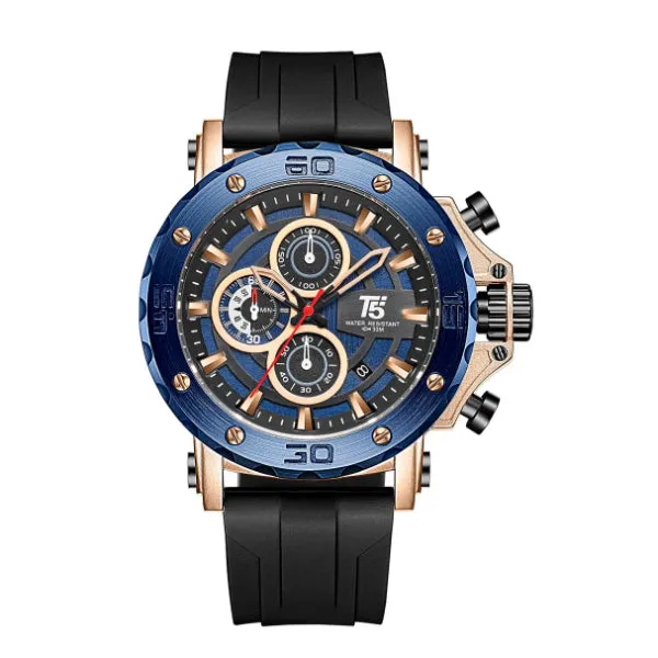 T5 Black Silicone Strap Blue Dial Chronograph Quartz Watch for Gents - H3865G-J