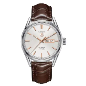 Tag Heuer Carrera Calibre 5 Brown Leather Strap White Dial Automatic Watch for Gents - WAR201DFC6291
