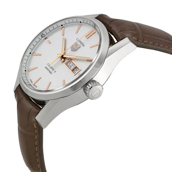 Tag Heuer Carrera Calibre 5 Brown Leather Strap White Dial Automatic Watch for Gents - WAR201DFC6291