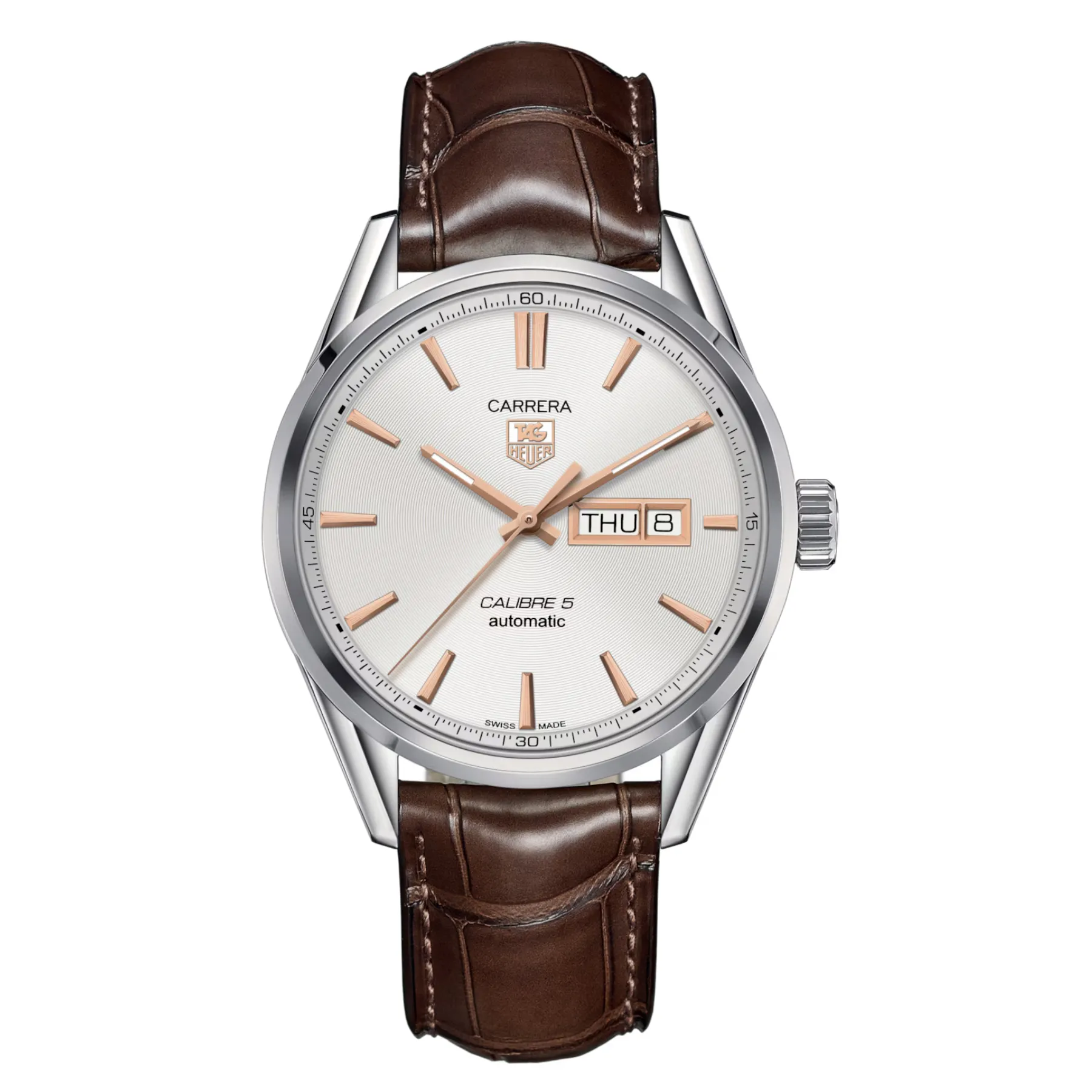 Tag Heuer Carrera Calibre 5 Brown Leather Strap White Dial Automatic Watch for Gents - WAR201DFC6291