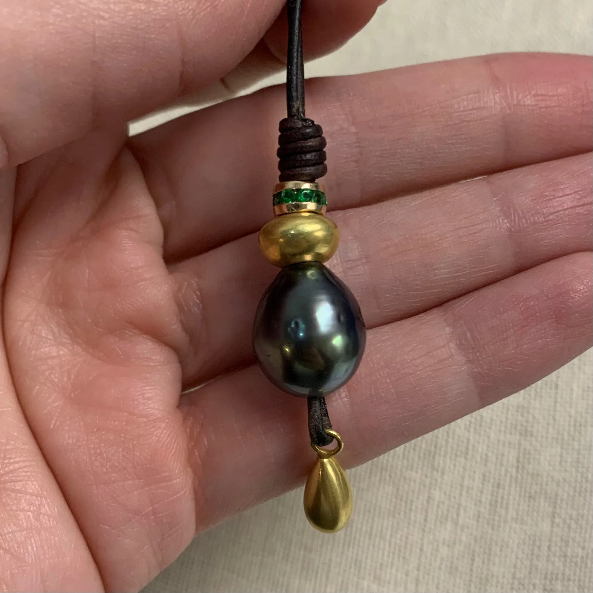 Tahitian Pearl Mid-Length Necklace w/ Gold & Emerald