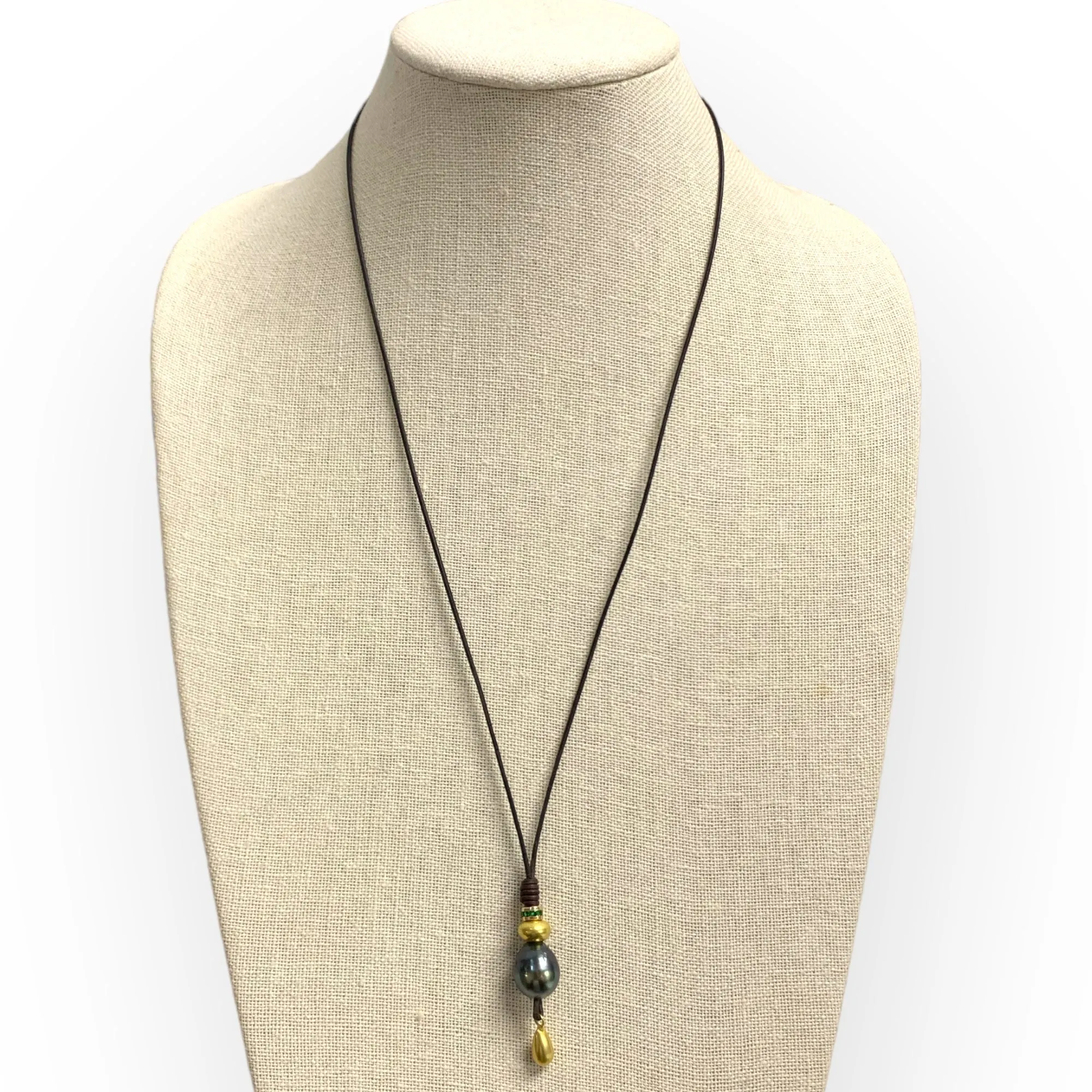 Tahitian Pearl Mid-Length Necklace w/ Gold & Emerald