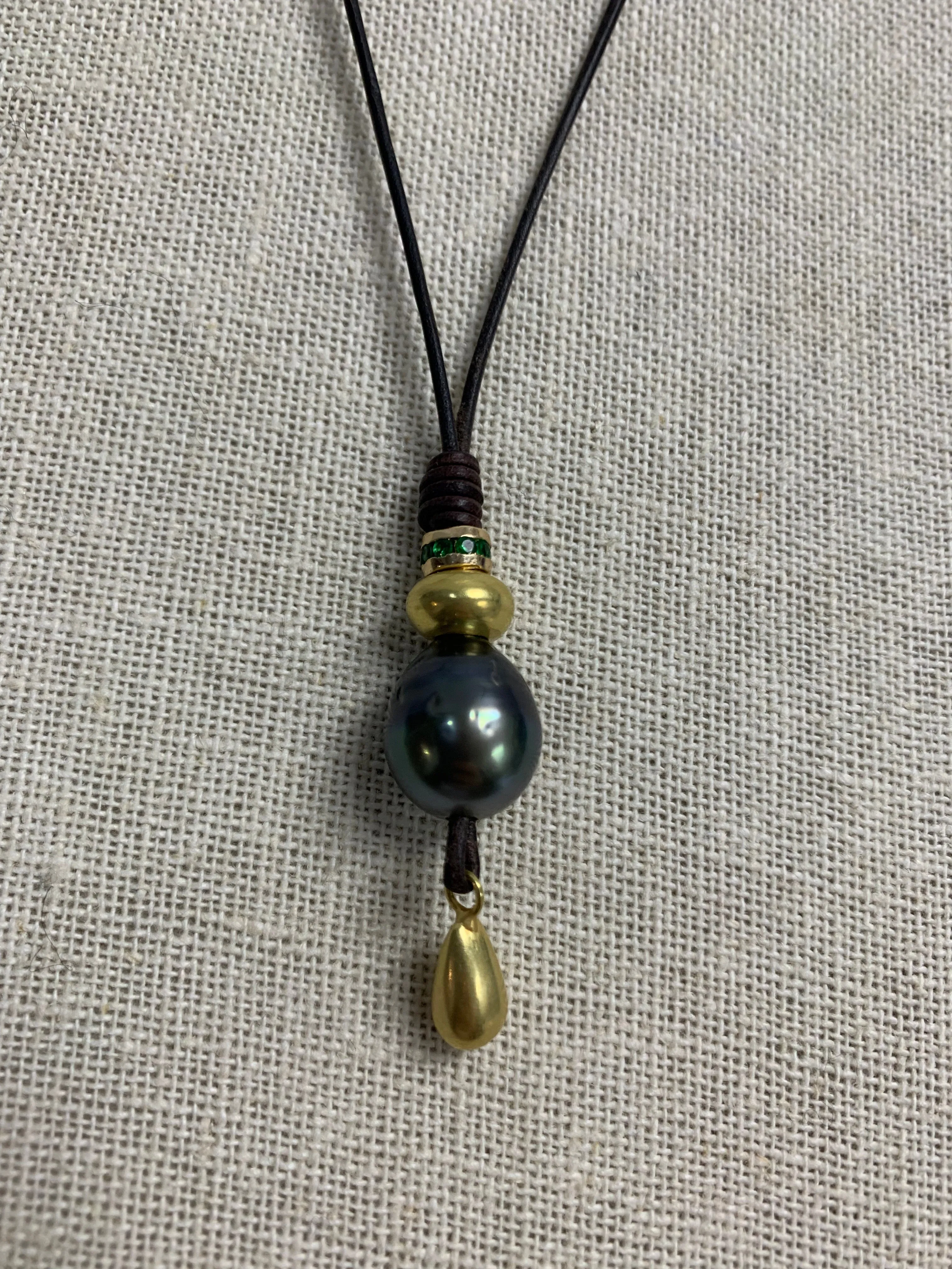 Tahitian Pearl Mid-Length Necklace w/ Gold & Emerald
