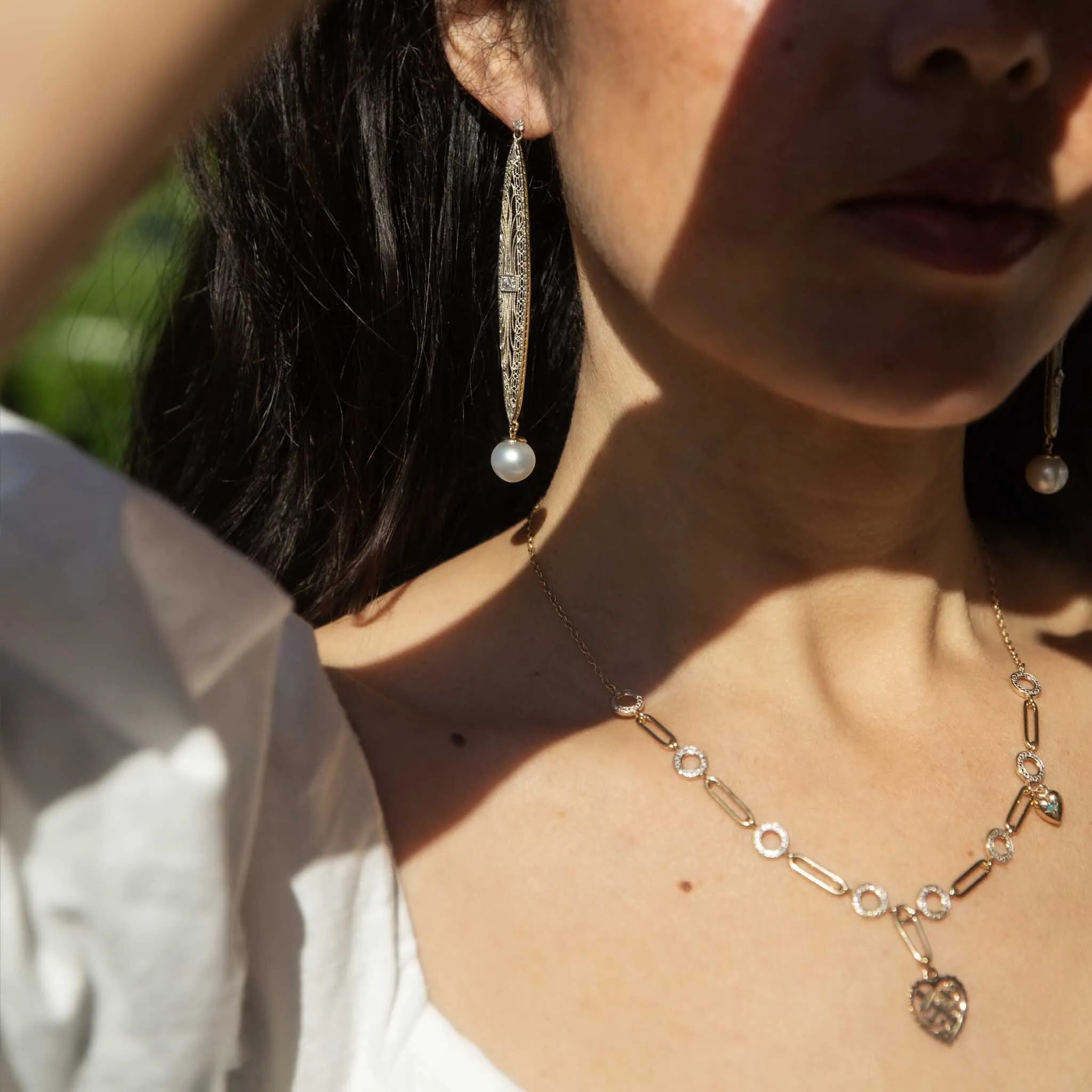 Talulah Re-invented 1900s Diamond & Pearl Earrings 14ct & Platinum