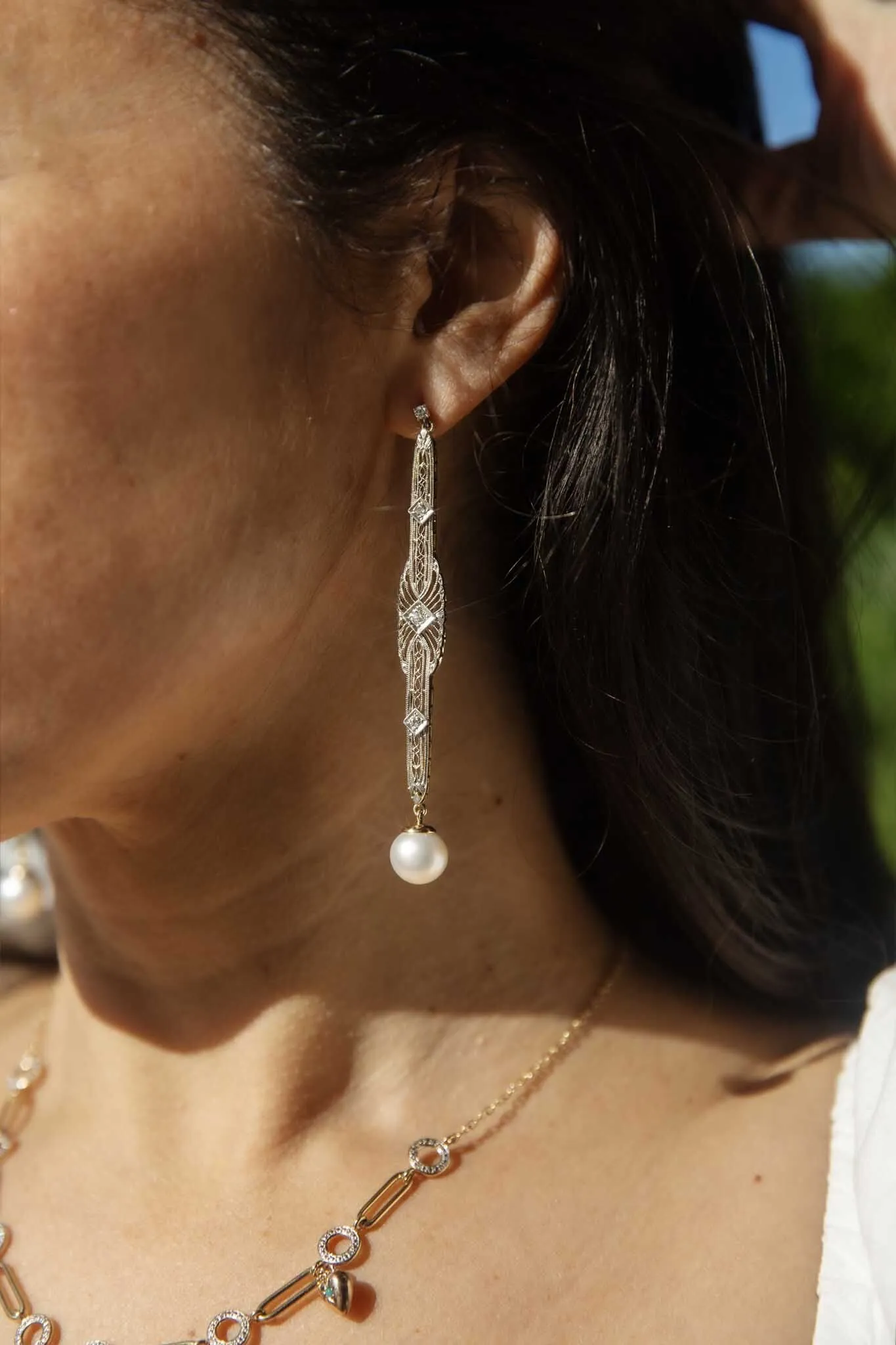 Talulah Re-invented 1900s Diamond & Pearl Earrings 14ct & Platinum