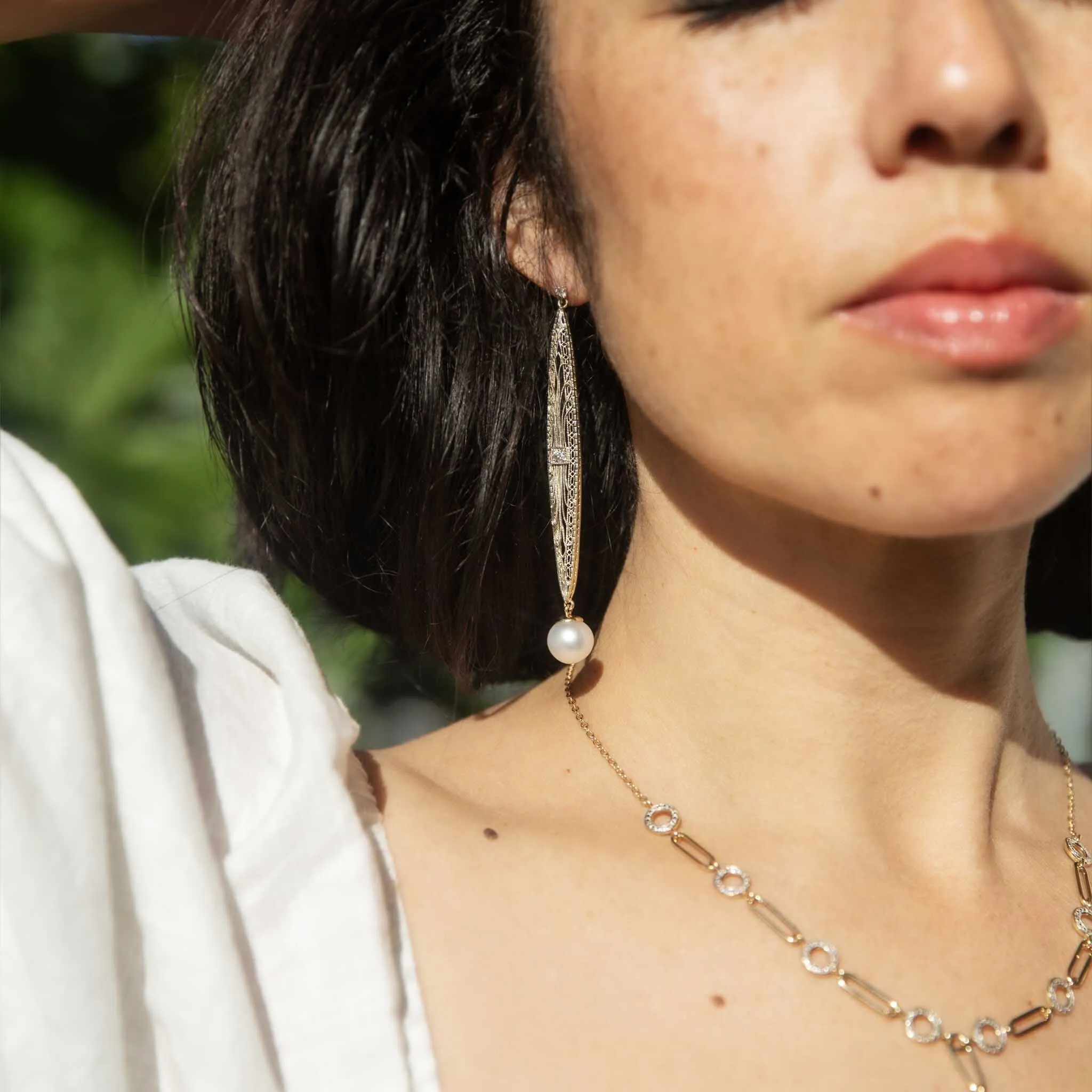 Talulah Re-invented 1900s Diamond & Pearl Earrings 14ct & Platinum